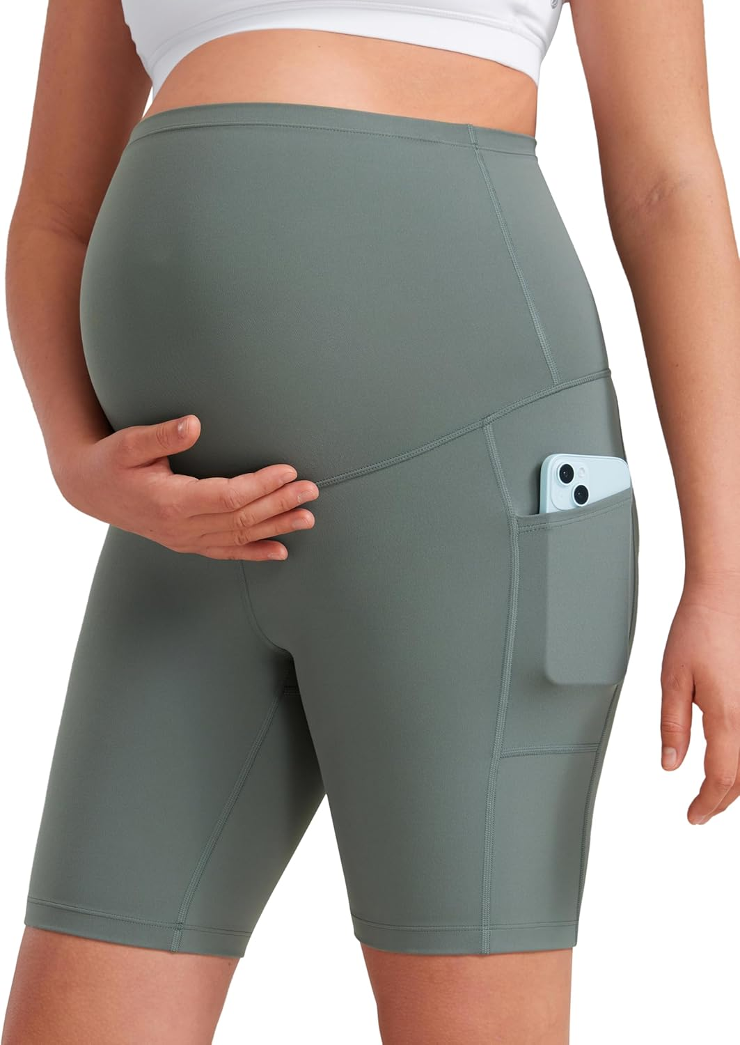 CRZ YOGA Womens Butterluxe Maternity Yoga Biker Shorts with Pockets 8" - over the Belly Pregnancy Workout Athletic