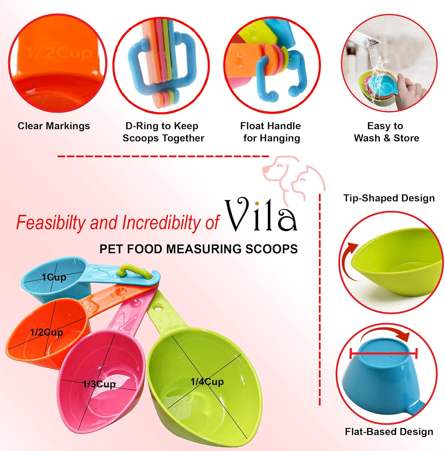 Vila Pet Food Measuring Scoop Cups, One Set to Feed Them All - Ideal for Multi-Pet Homes, Perfect Portion for Your Pets, Easy to Fill and Measure, 4Pcs image number 3