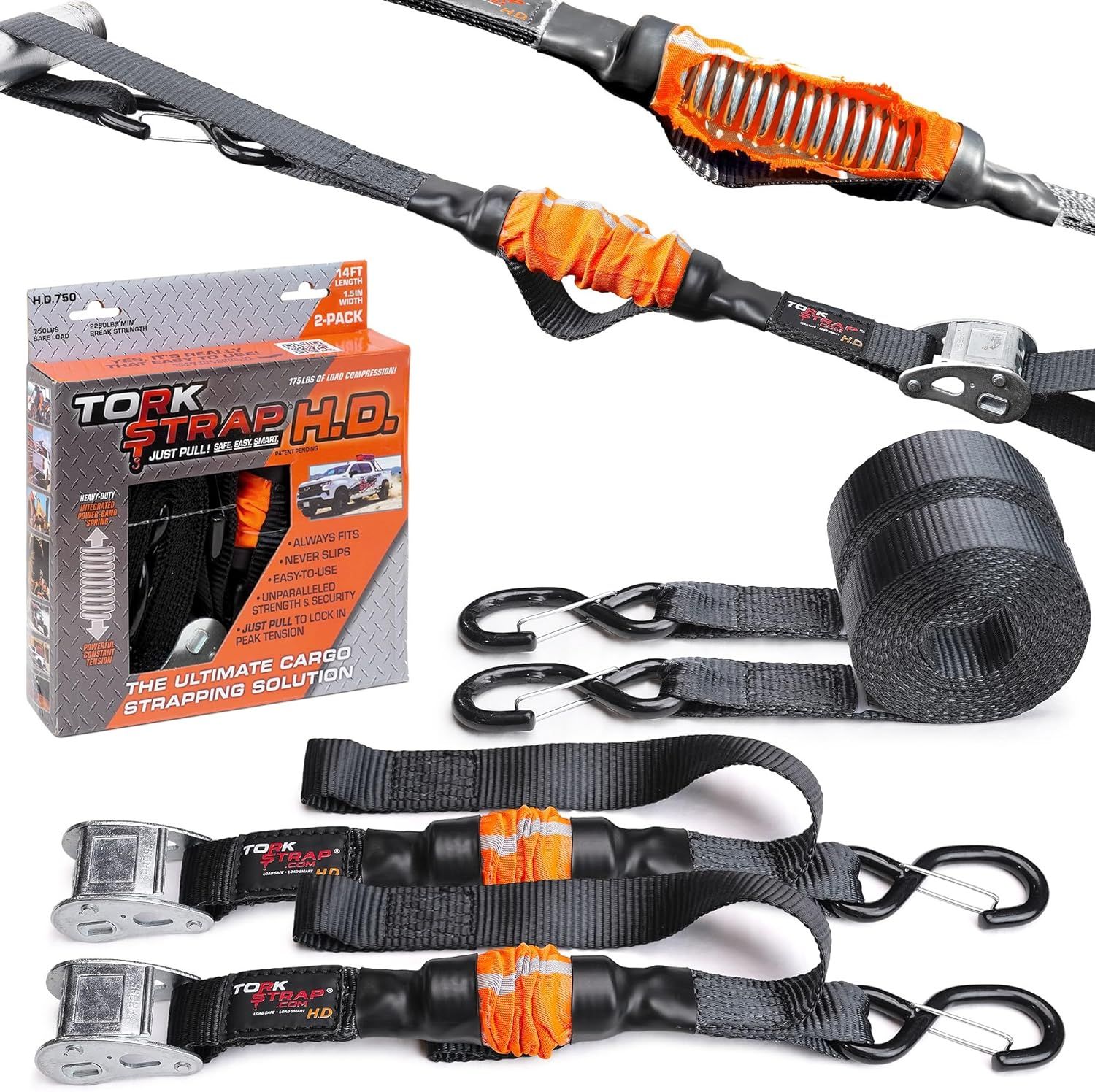 Torkstrap HD750 | 14'X1.5'' Spring Loaded Tie down Straps - Adapts to Load Shifts - Heavy Duty 2250Lbs Max Load - Just Pull Alternative to Ratchet Straps W/Hooks - Secure Motorcycles, Kayaks (2-Pack)