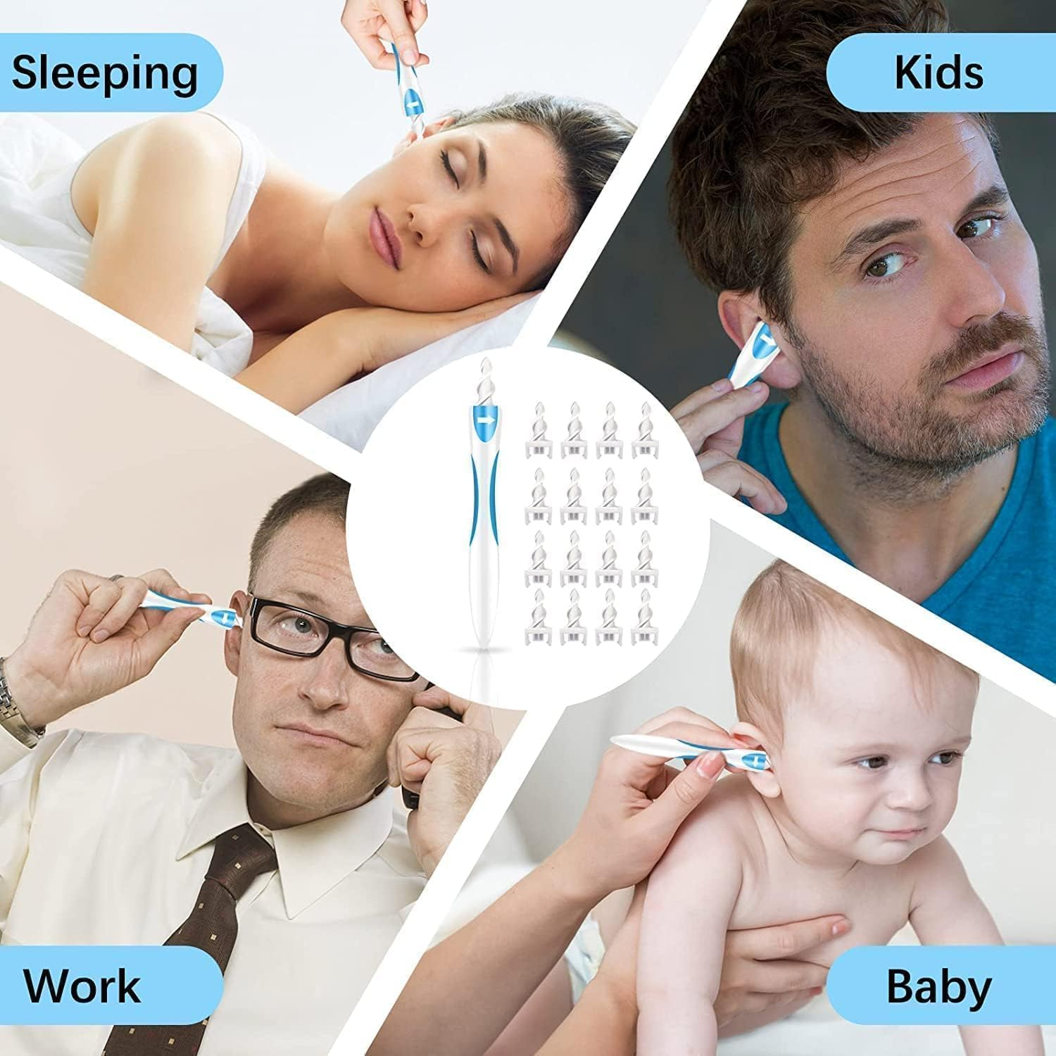 Qgrips Earwax Removal-Spiral Ear Wax Removal Tool, Reusable Earwax Removal Kit Safe Ear Cleaner with 16 Pcs Soft and Flexible Replaceme Blue