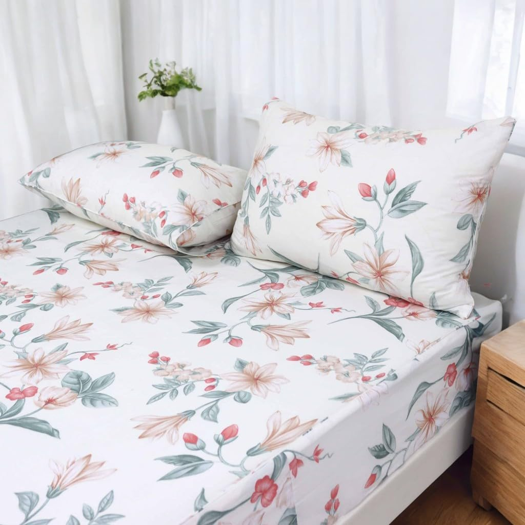 Helthep Floral Sheet Set Twin, 100% Cotton White Floral Printed Sheets Botanical Lily Pattern Sheets Red Chic Flower Green Leaves Luxury Percale Sheet with 17.5" Deep Pocket, Vintage French Bedding image number 5