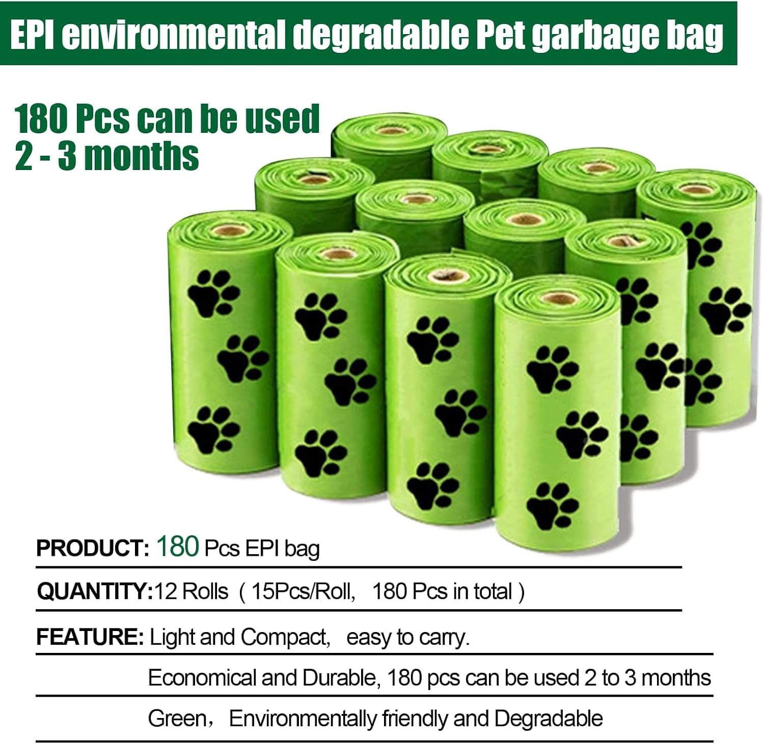 USDA 38% Biodegradable Unscented Pet Waste Bags，Dog Poop Bags 22&times;33Cm (12Rolls&mdash;&mdash;180Pcs Poo Bags) image number 2
