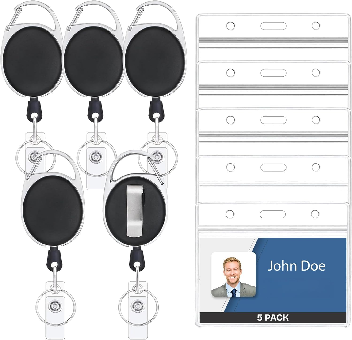 ID Badge Holders with Clip and Keyring - Vertical Clear Plastic 6.4CM X 9.1CM Sleeves Fit up to 3 Cards - Retractable 60CM UHMWPE Fiber Pull Cords for Easy Access (Black, 2 Pcs (Vertical))