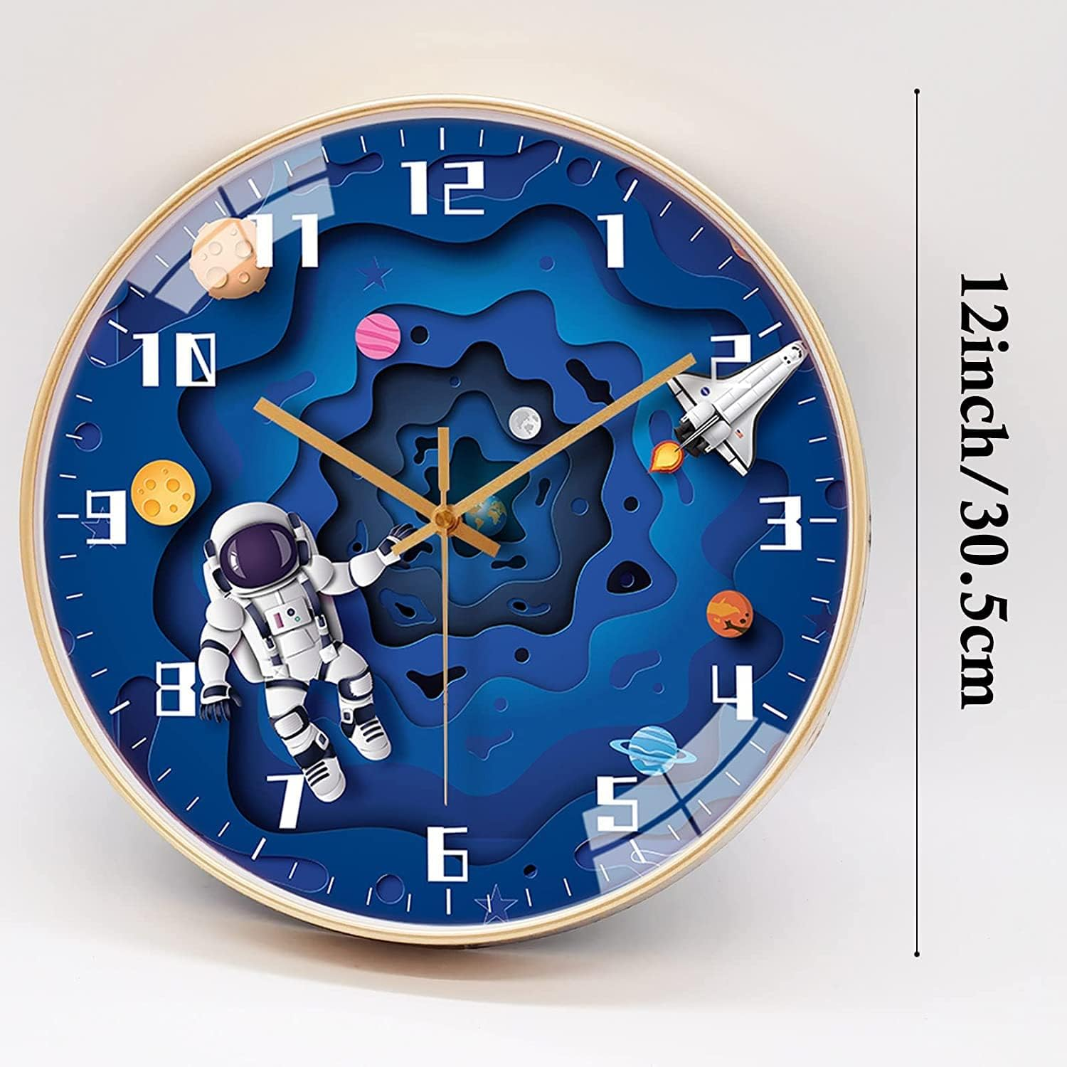 QINFIEY 12 Inch Silent Movement Kids Wall Clock, Non Ticking Children round Wall Clock Battery Operated Space Travel Style Decor Children Clock for Home School Boys Bedroom Living Room (Blue) - Pink image number 7