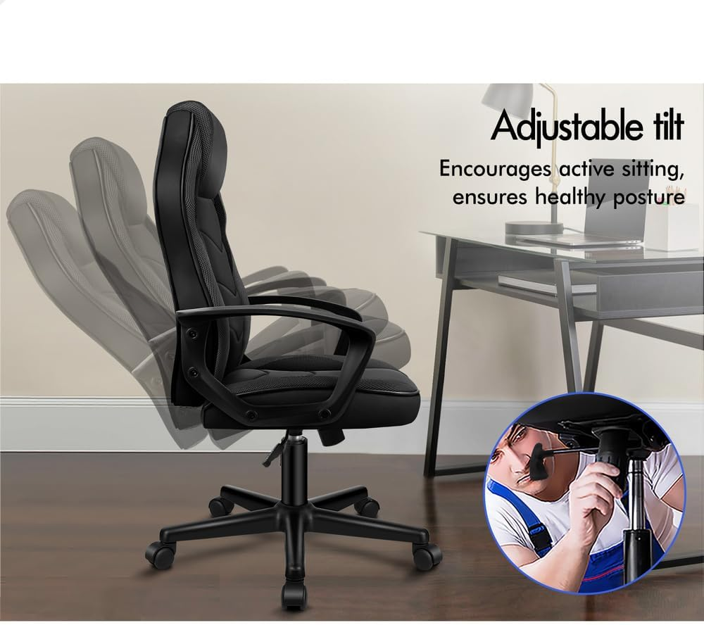 ALFORDSON Office Chair with Height Adjustable SGS Listed Gas Lift, PU Leather Upholstery Home Ergonomic Desk Chair, Padded Computer Chair for Gaming, Max 180Kg, Mega Black image number 3