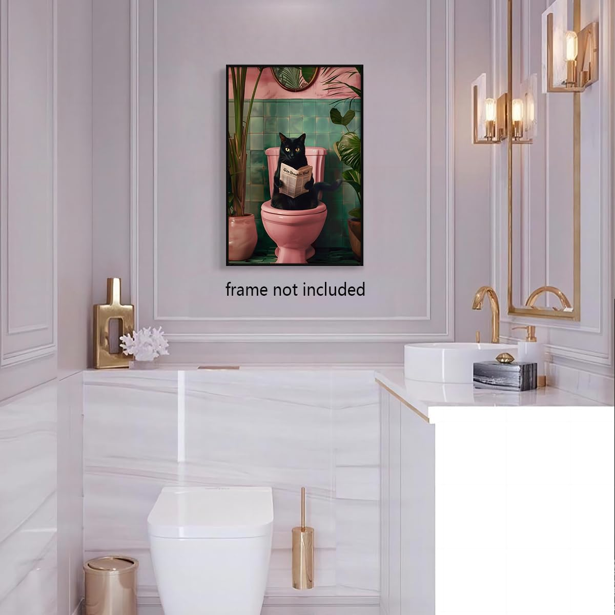 Funky Pink Canvas Wall Art - Black Cat Reading Newspaper on Toilet Poster, Funny Cat Pooping, Green Botanical Plant Animal Bathroom Print, 16X24In Unframed image number 4