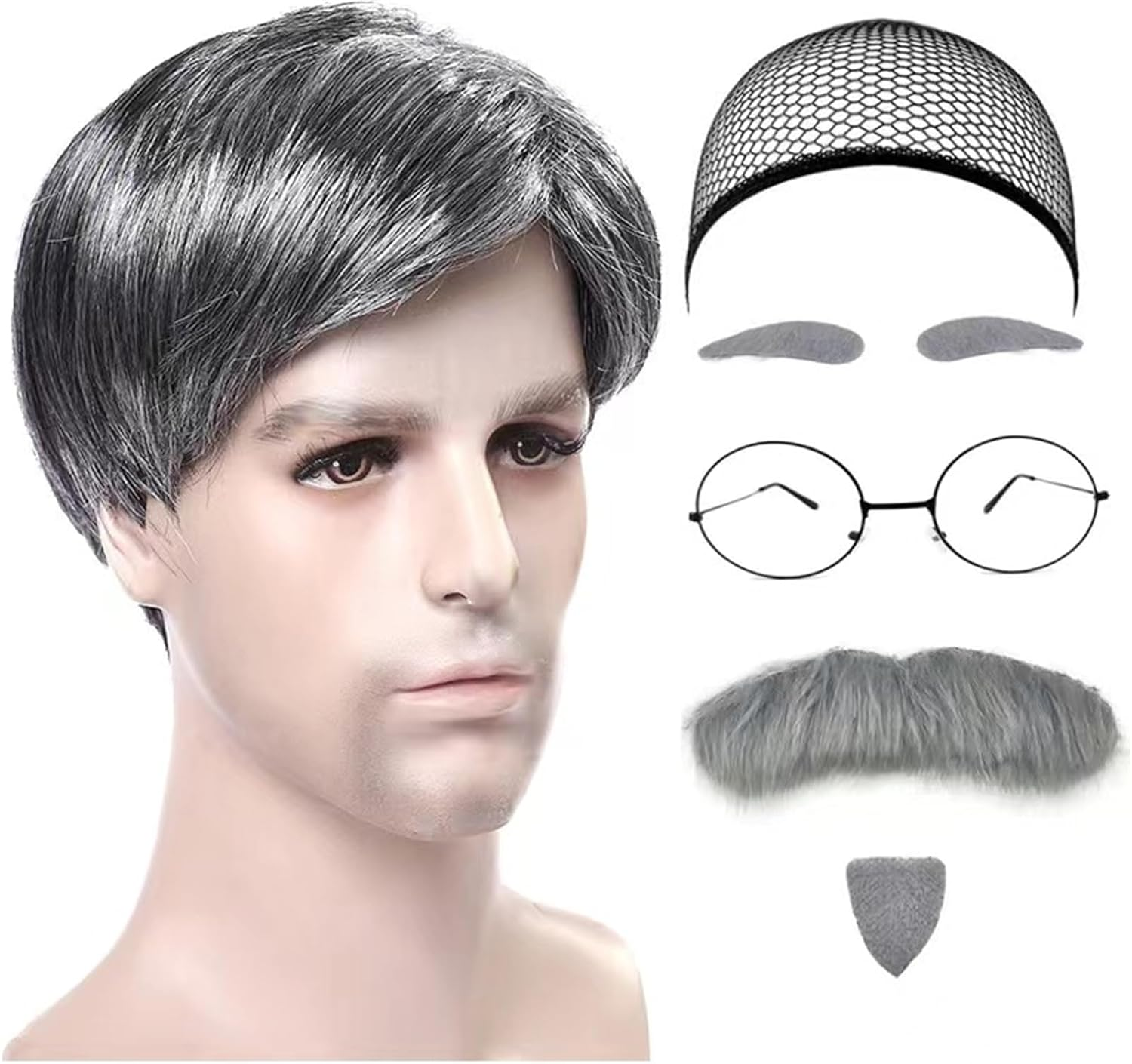 6 Pieces/Set Grandpa Dress up Set, Wig Hat, Grandpa Glasses, Eyebrow Mustache Stickers for Halloween Costume Party Cosplay Party 100 Days of School Costumes image number 1