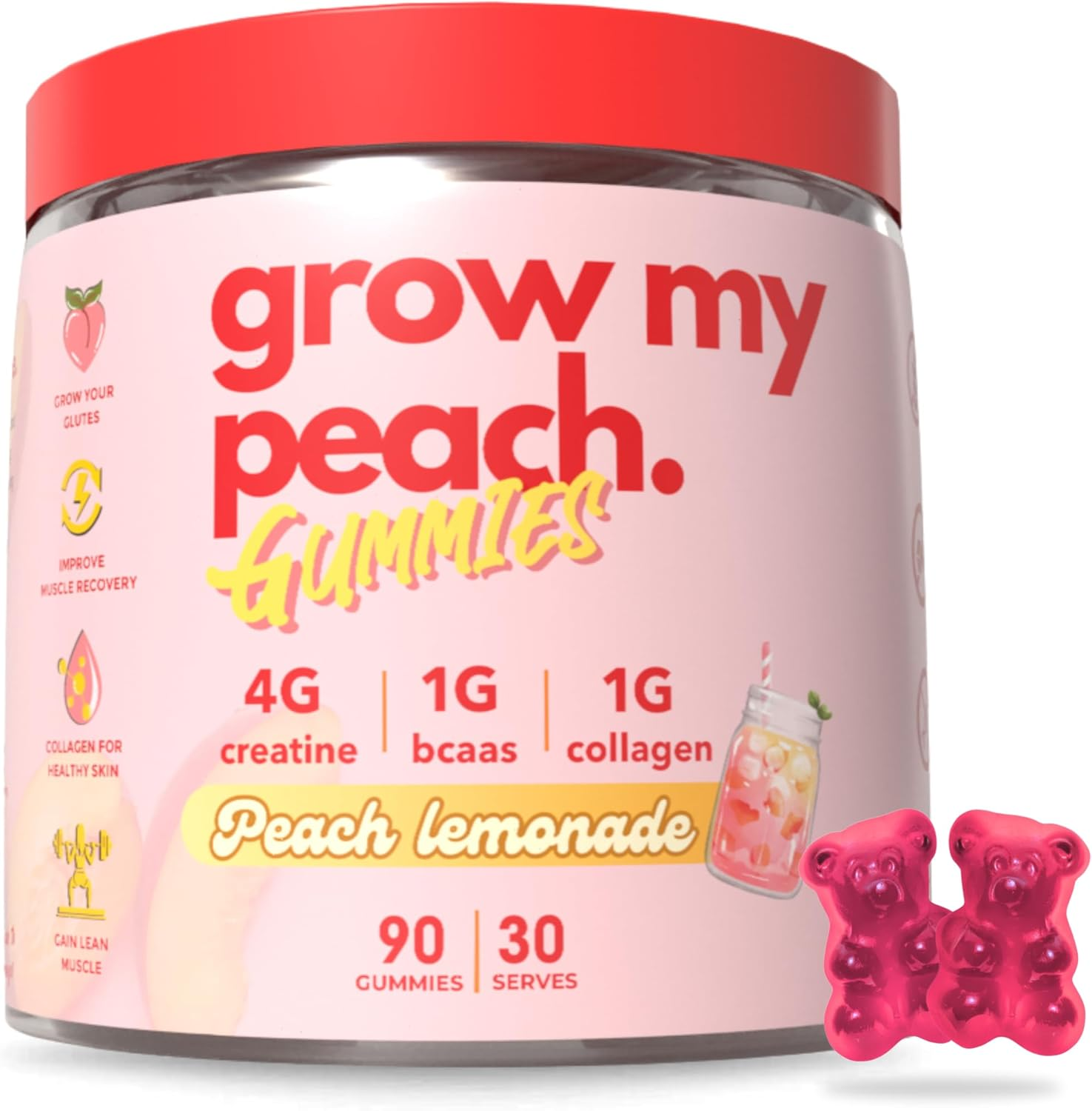 Creatine Gummies with Amino Acids & Collagen &ndash; Boost Strength, Muscle Growth, Joint Health, & Recovery with 4G Creatine, 1G Collagen, 1G Bcaas - 90 Peach Lemonade Flavored Gummies, 30 Servings