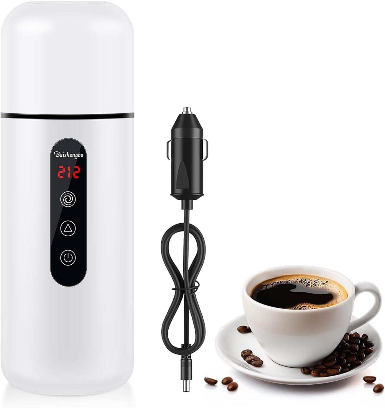 Car Kettle, Portable Electric Travel Kettle, 12V/24V Car Coffee Warmer, 420ML Hot Water Boiler, Small Hot Water Heater, with Built-In Magnetic Induction Stirring for Tea Coffee Milk (White) image number 5