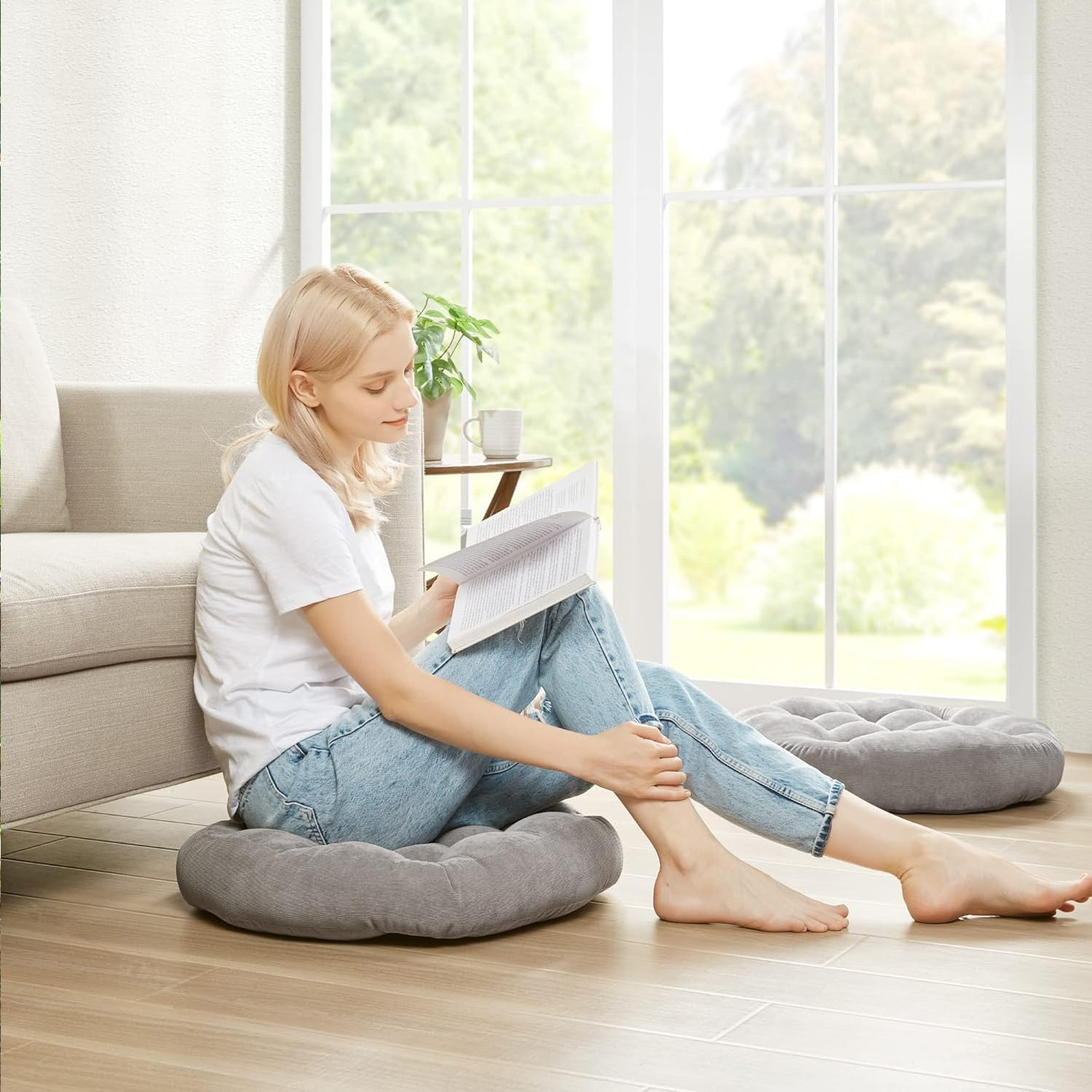 Floor Pillow Cushions, Solid round Seat Cushion, Patio Chair Cushion,Throw Cushion for Indoor/Outdoor Furniture Sitting Living Room Garden (Grey,22X22Inch)