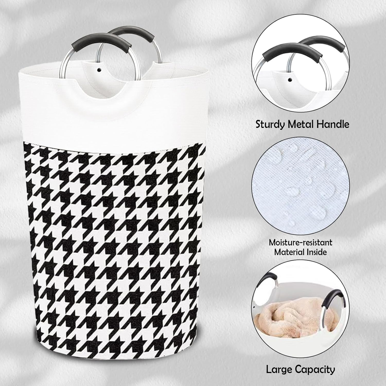 Large Laundry Basket, Collapsible Cotton Linen Hamper with Foam-Protected Aluminum Handles, for Clothes and Toys, Dorm and Home Use (Houndstooth Pattern) image number 5