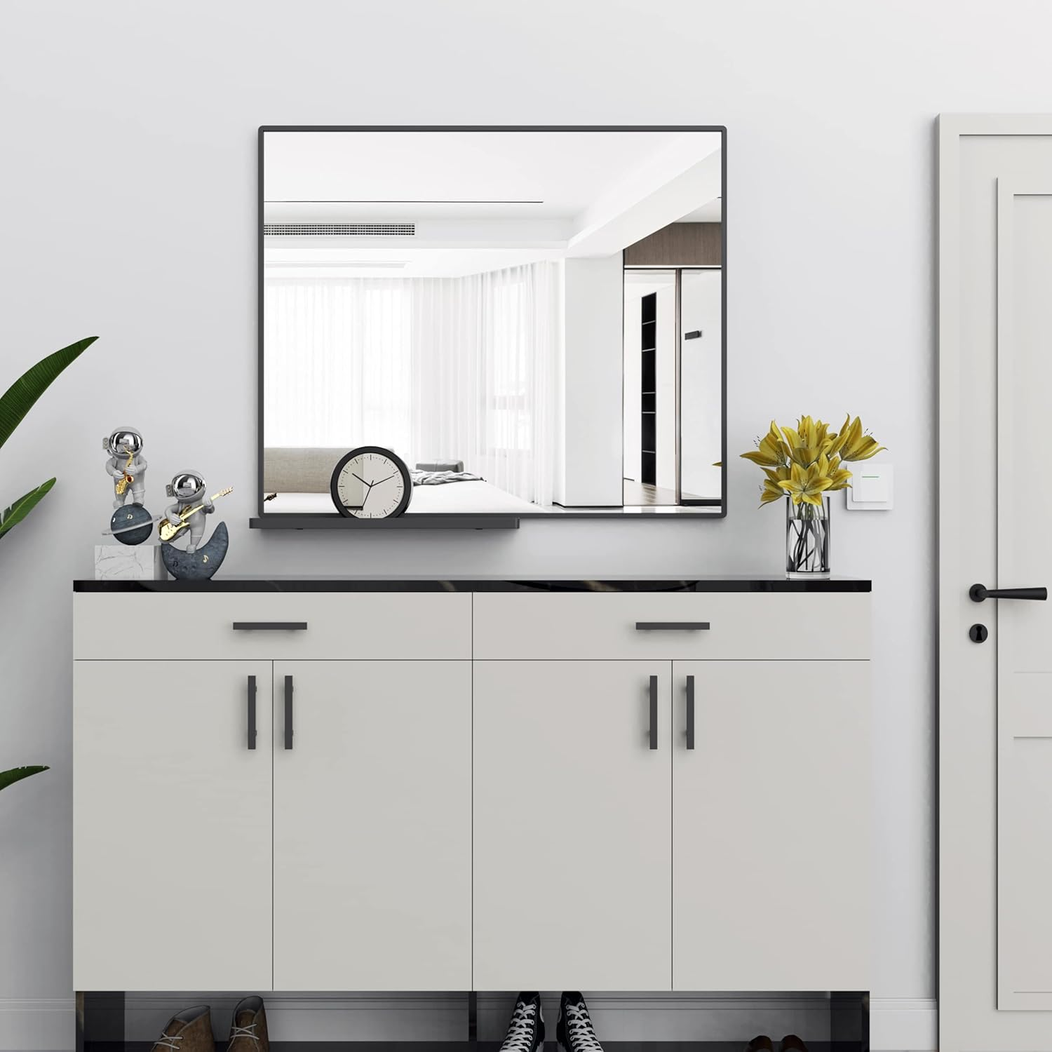 ANYHI Black Bathroom Wall Mirror with Shelf, 80X60 Cm Metal Frame Rectangle Bathroom Mirror for Wall, Perfect for Living Room, Bedroom, Entryway, Horizontal