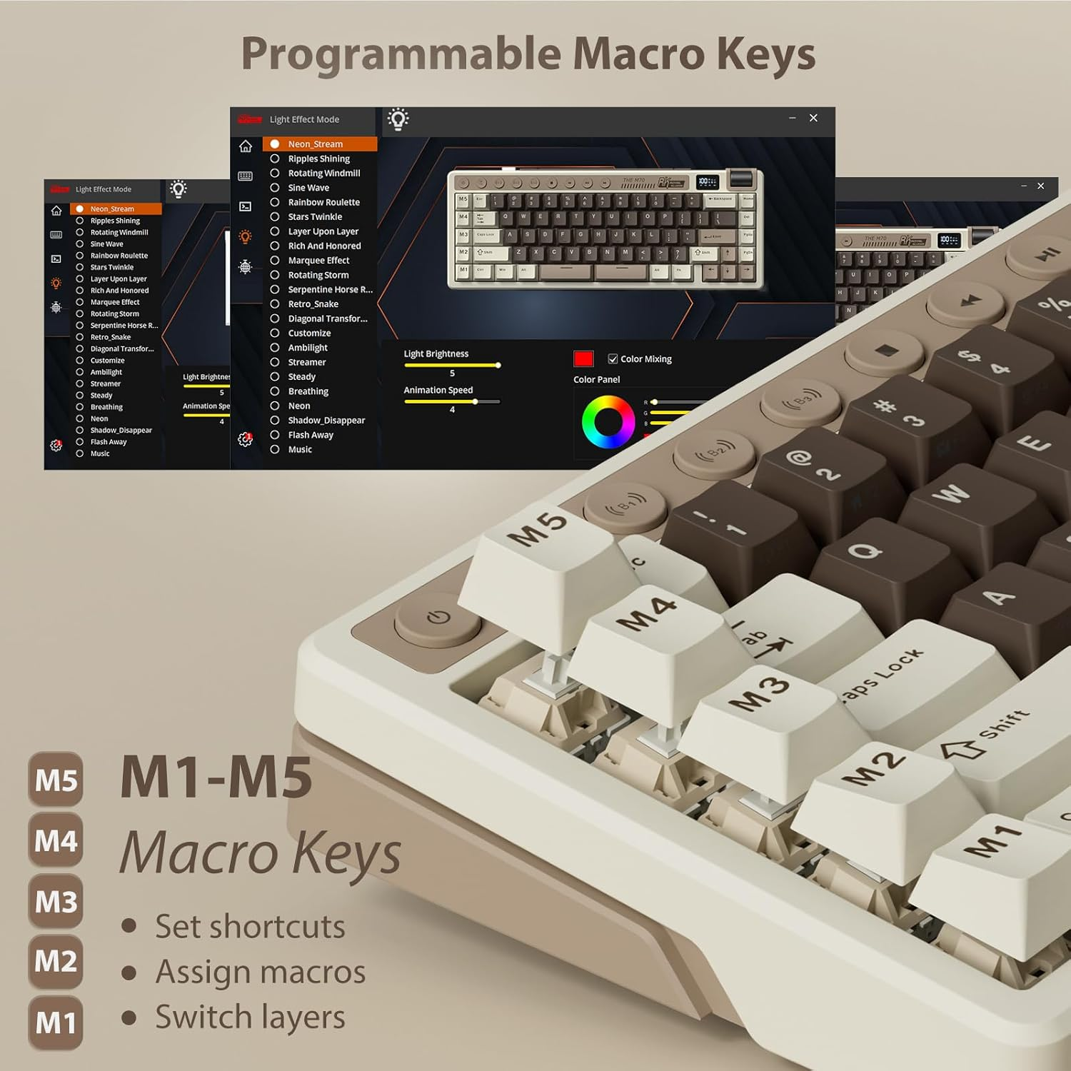 RK ROYAL KLUDGE M70 Mechanical Keyboard 2.4Ghz/Bt5.1/Wired 70 Keys Wireless Gaming Keyboard Gasket Mounted ABS Keycaps Cream Switch Brown image number 5