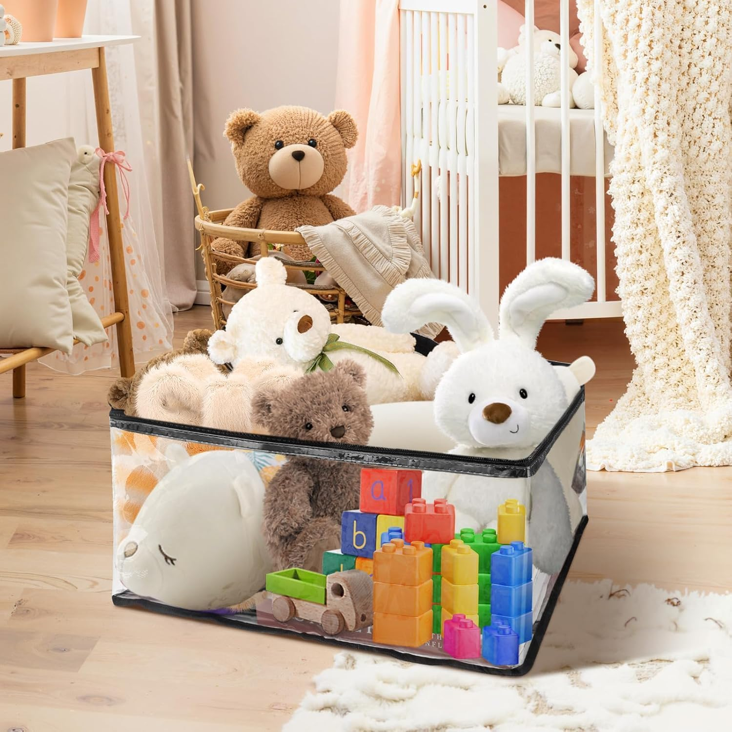 4 Pack Clear Plastic Clothes Storage Bags, 40L Blanket Storage Bag，Foldable Moving Bags with Zipper for Clothes, Reinforced Handle for Loft Wardrobe for Bedding, Comforters, Dolls image number 3