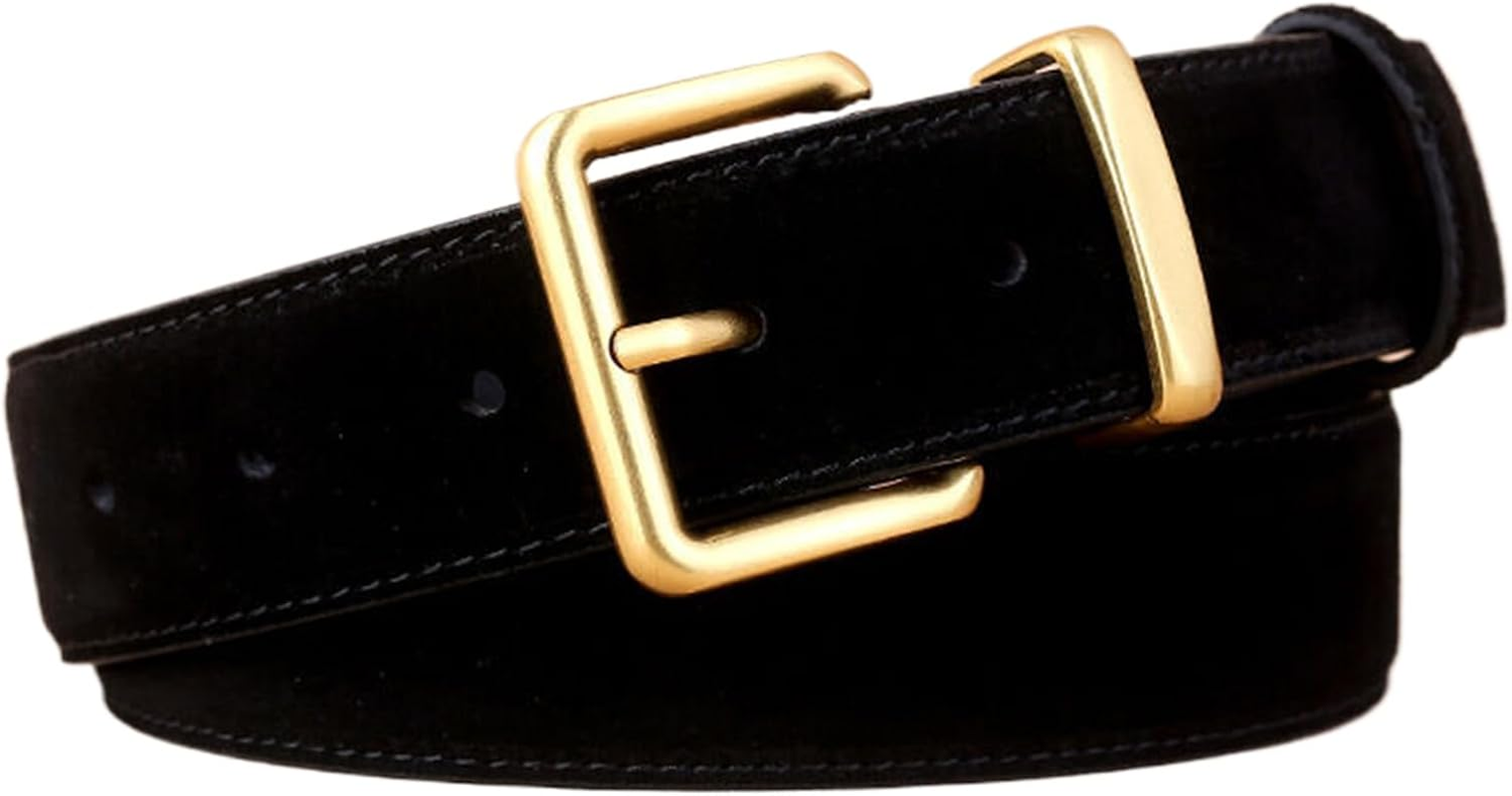 Fashion Elegant Ladies Suede Belt with Gold Buckle, Women Genuine Leather Belt for Jeans Pants Dress Coat