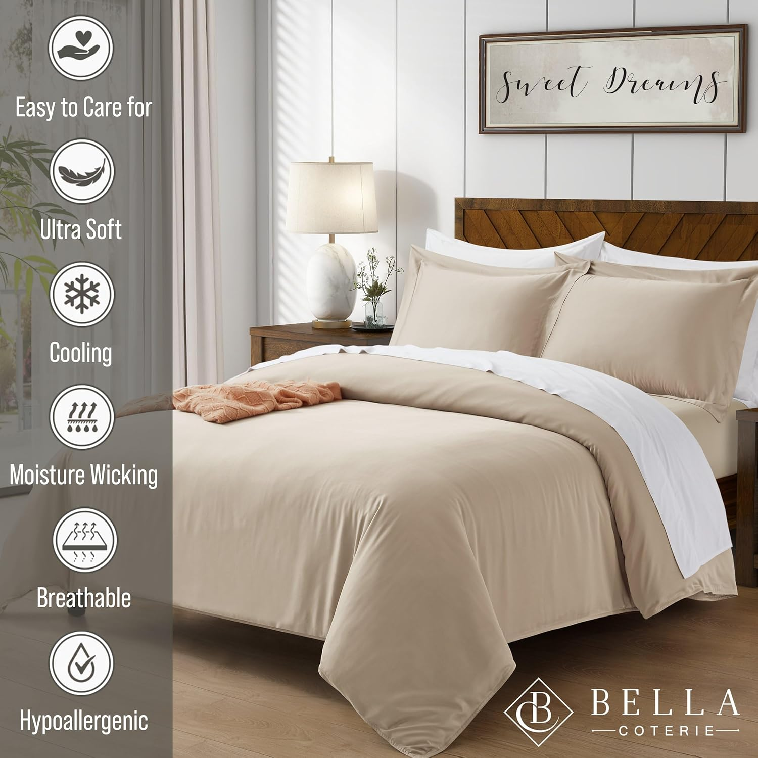 Bella Coterie Luxury Bamboo Queen Size Duvet Cover Set | Organically Grown | Ultra Soft | Cooling | Two Luxury Pillow Shams | Viscose Bedding Made from Bamboo | No Insert [Dune] image number 6