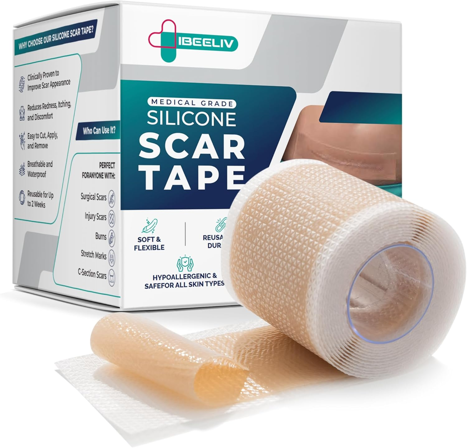 Silicone Scar Tape for Surgical Scars: Medical Grade Scar Gel Sheets for C-Section Tummy Tuck Recovery and Treatment &ndash; Reusable Scar Strips for Keloid Burn Acne Scars Removal (1.6'' X 60''Roll-1.5M) image number 6