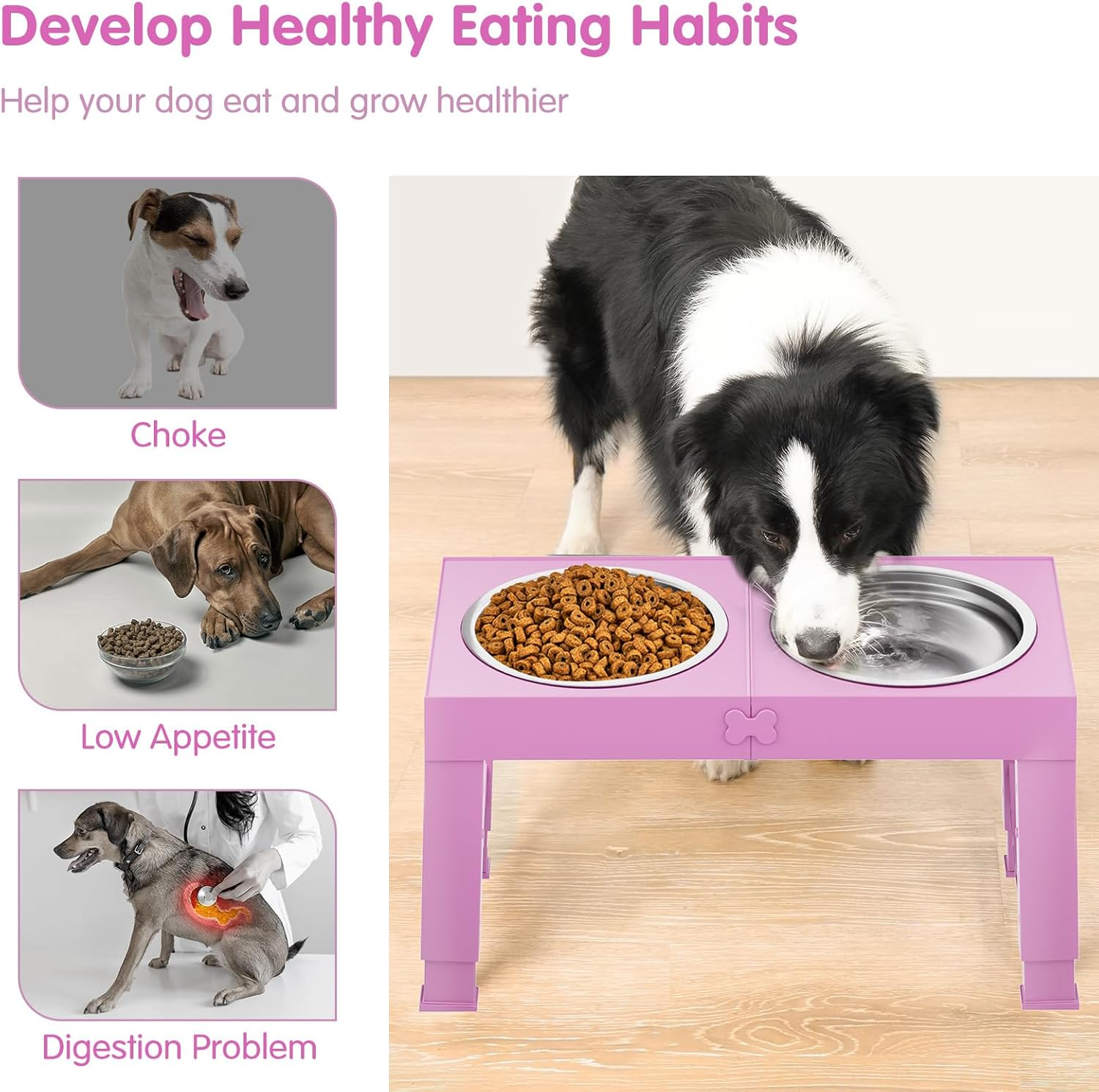 Elevated Dog Bowls for Medium Large Breed Dogs, 4 Height Adjustable Dog Raised Bowls Stand to 9.09", 10.63", 12.20", 13.78", 2 Thick Stainless Steel Dog Food Water Bowls, No Slip Dog Feeder, Pink image number 3