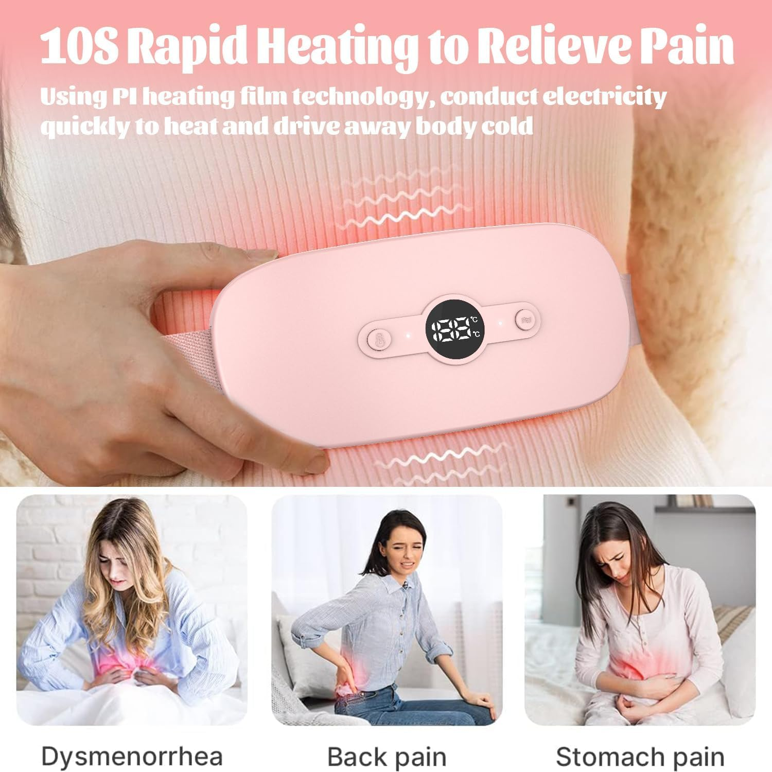 Portable Cordless Heating Pad，Period Heating Pads for Cramps with 6 Heat Levels and 6 Massage Modes，Back or Belly Heating Pad for Women and Girl (Pink) image number 4