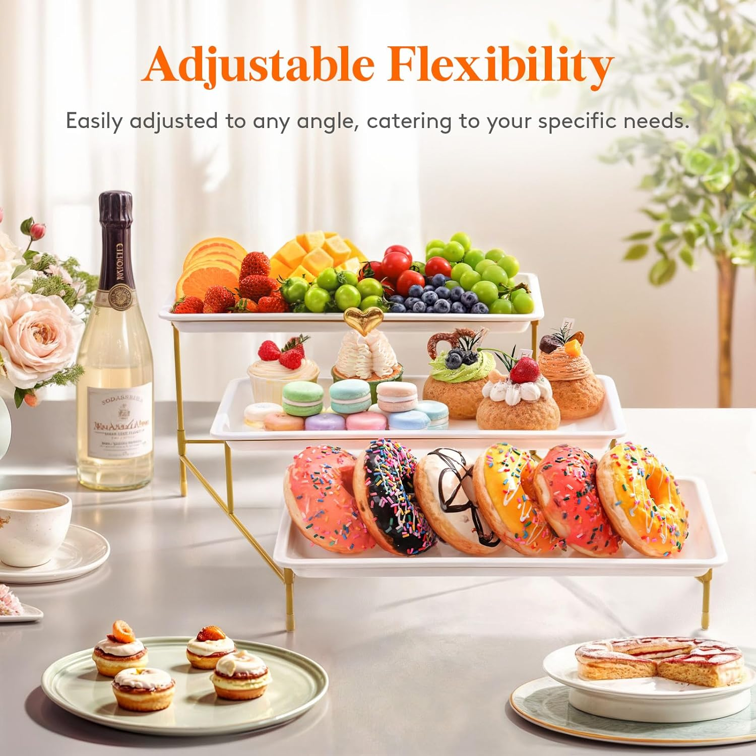 Lifewit 3 Tiered Plastic Serving Tray for Party Entertaining, 36&times;17Cm Serving Food Display Platters, Reusable Trays with Collapsible Stable Metal Stand for Veggie, Fruit, Cookies, Dessert, Gold - Black image number 7