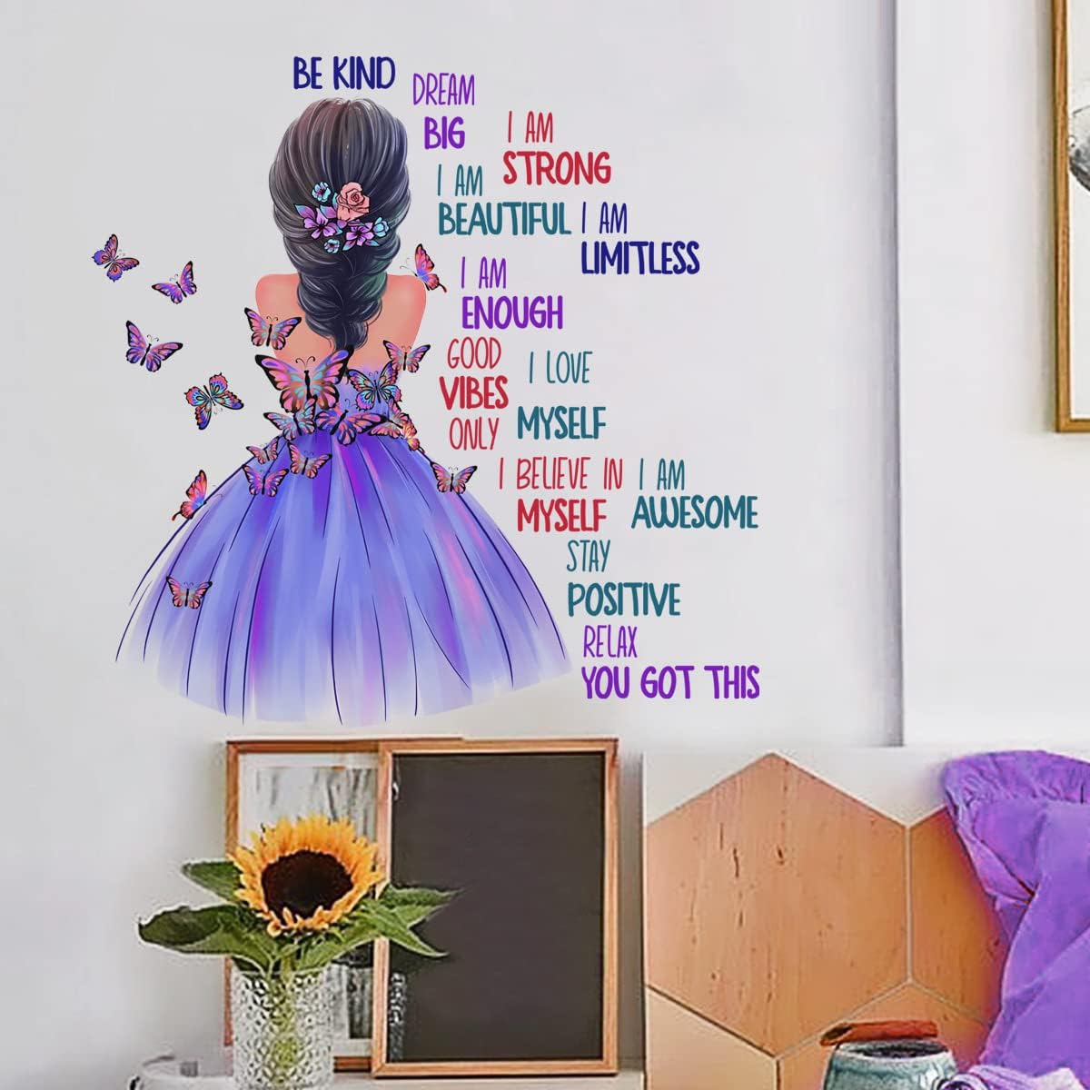 Imagitek Butterfly Girl Wall Decals, Colorful Butterflies with Motivational Lettering Quotes Wall Stickers for Girls Baby Nursery Bedroom Playroom image number 2