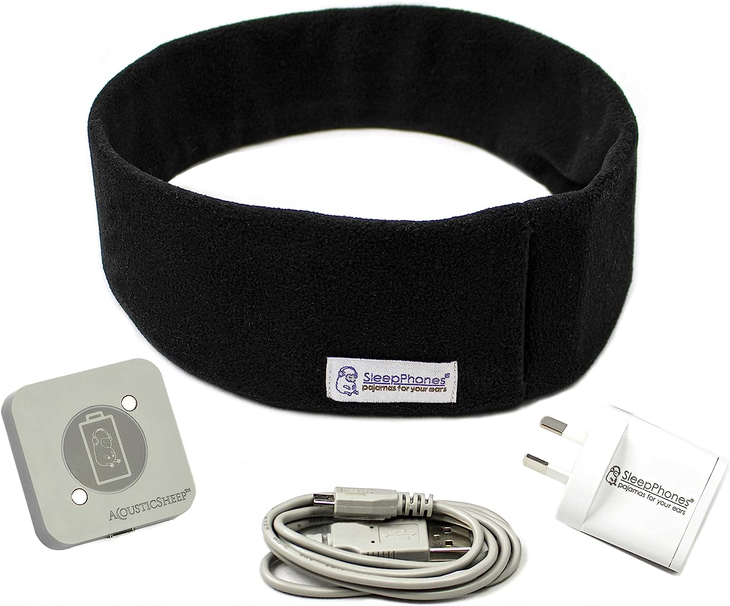 Sleepphones Effortless V8 Sleep Headphones by Acousticsheep | 24-Hour Battery | Original Comfortable Bluetooth Headphones with Wireless Induction Charging (Medium, Midnight Black Fleece, AU Wall Plug)