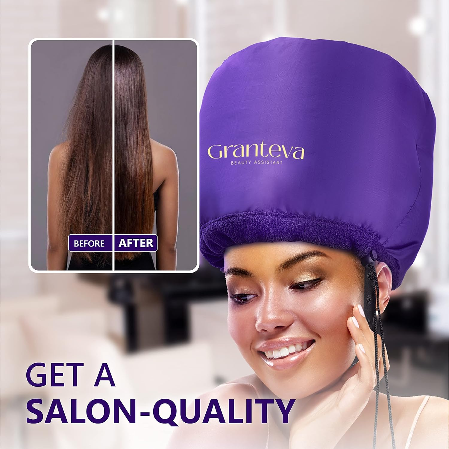 Hair Dryer Bonnet W/A Headband Integrated That Reduces Heat around Ears & Neck - Hair Dryer Diffuser Cap for Hair Dryer Curly Hair, Speeds up Drying Time, Deep Conditioning at Home - Large (Purple) image number 4