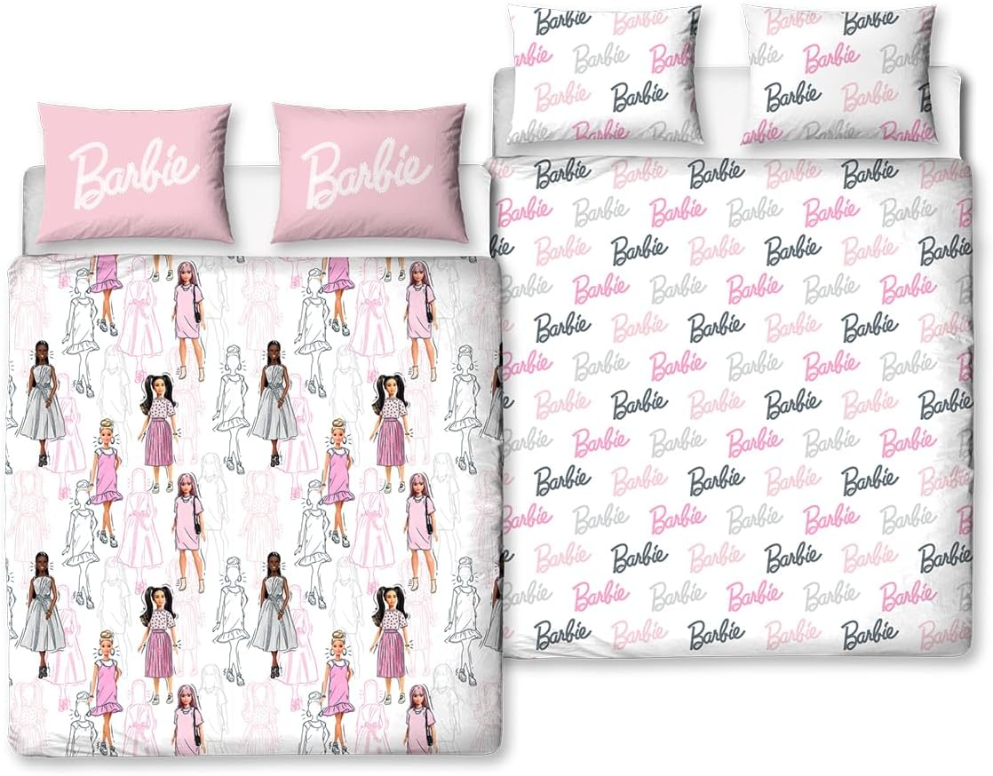 Character World Barbie Official Double Childs Duvet Cover Set | Figures Design Reversible 2 Sided Teens Bedding Including Matching Pillow Cases | Polyester Double Quilt Cover, Pink image number 1