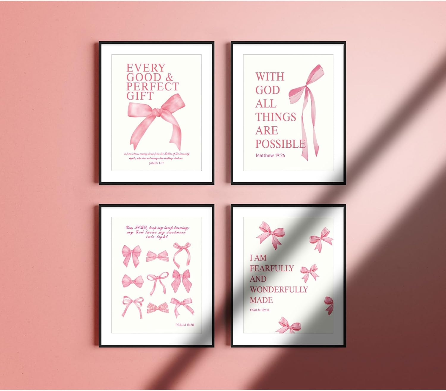 Pink Bow Prints Poster Wall Art Coquette Room Decor, 8X10 Inch Canvas Prints Unframed Set of 4, Pink Room Decor for Teen Girls Bathroom Wall Art Posters image number 2