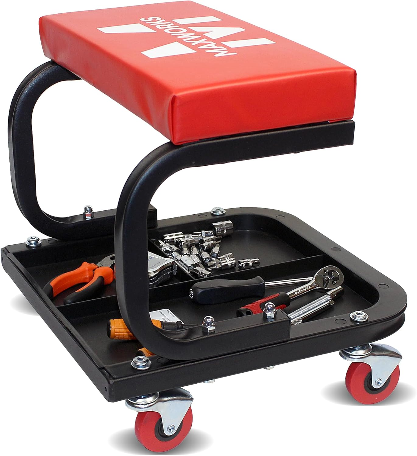 Maxworks 50875 Mechanics Roller Seat, 250 LBS Capacity Padded Rolling Workshop Stool with Tool Tray Storage for Garage, Shop, Auto Repair image number 6