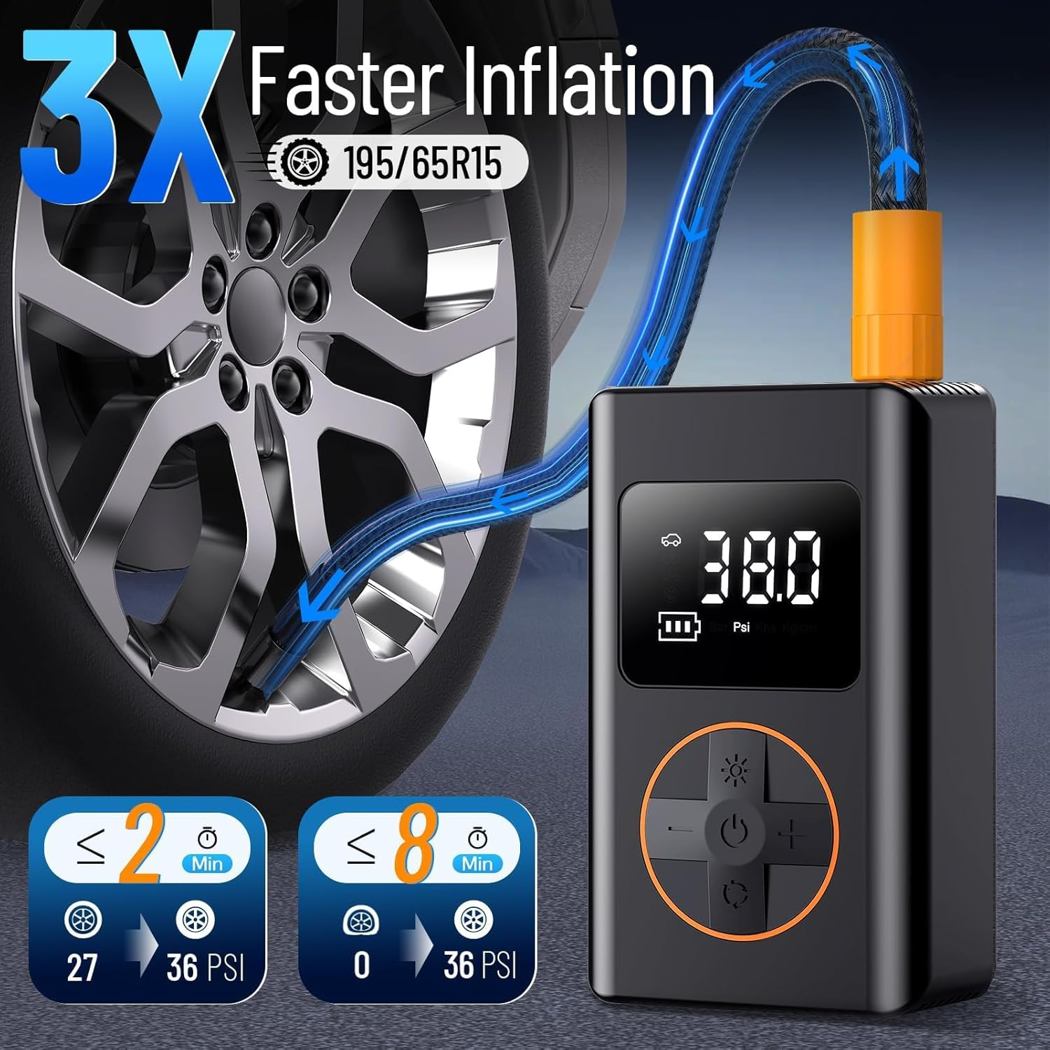Tyre Inflator Portable Air Compressor,5 Mode Cordless Tyre Inflator 150PSI 6000Mah Rechargeable Power Bank Auto Shut-Off Digital Display Electric Air Pump W LED Light for Car, Motorcycle, Bike, Ball image number 5