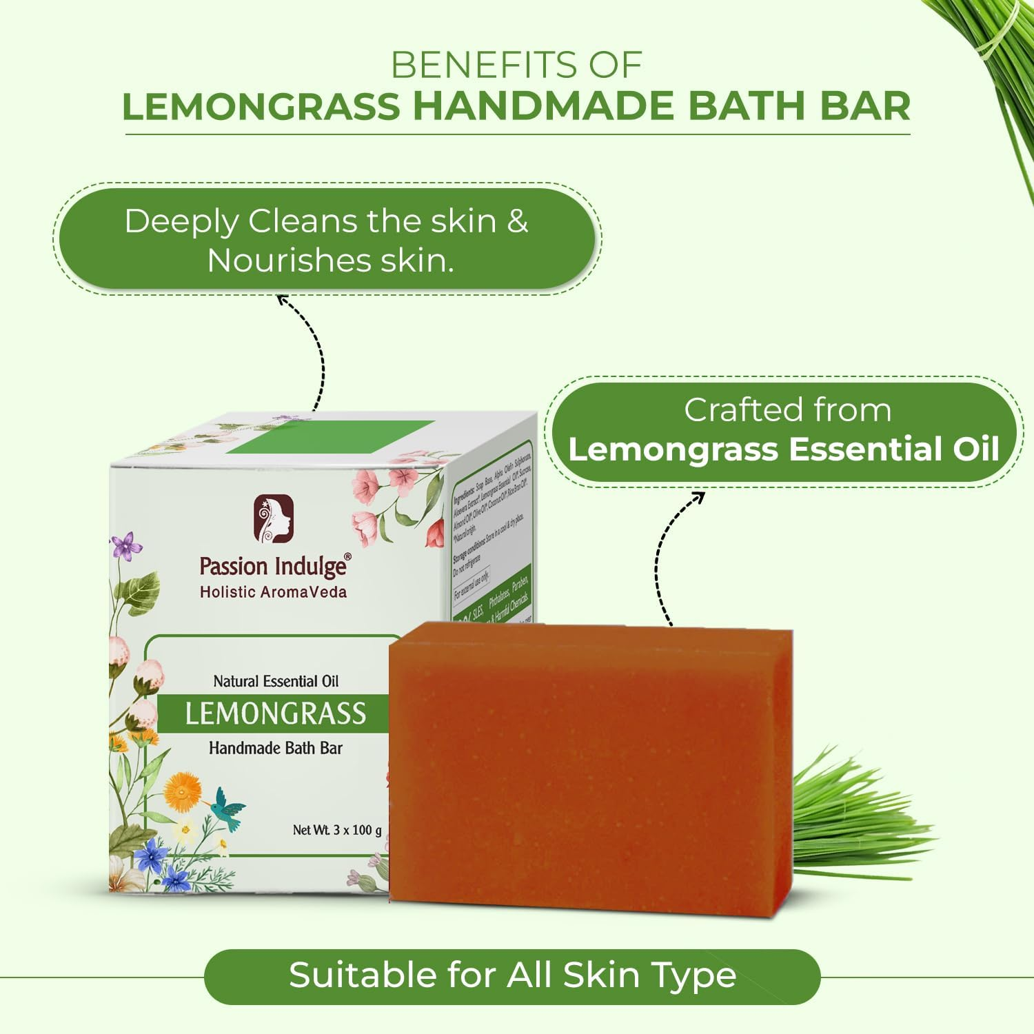 Lemongrass Essential Oil Based Handmade Natural Bath Bar, Light Yellow, 100 G (Pack of 3) image number 1