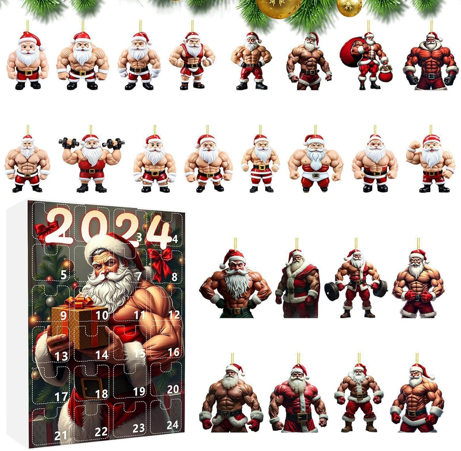Muscle Set, 2024, Flat Acrylic Pendants, Christmas Tree Decorations, 24X Countdown Ornaments, Festive Holiday Decor, Unique for Christmas Tree image number 6