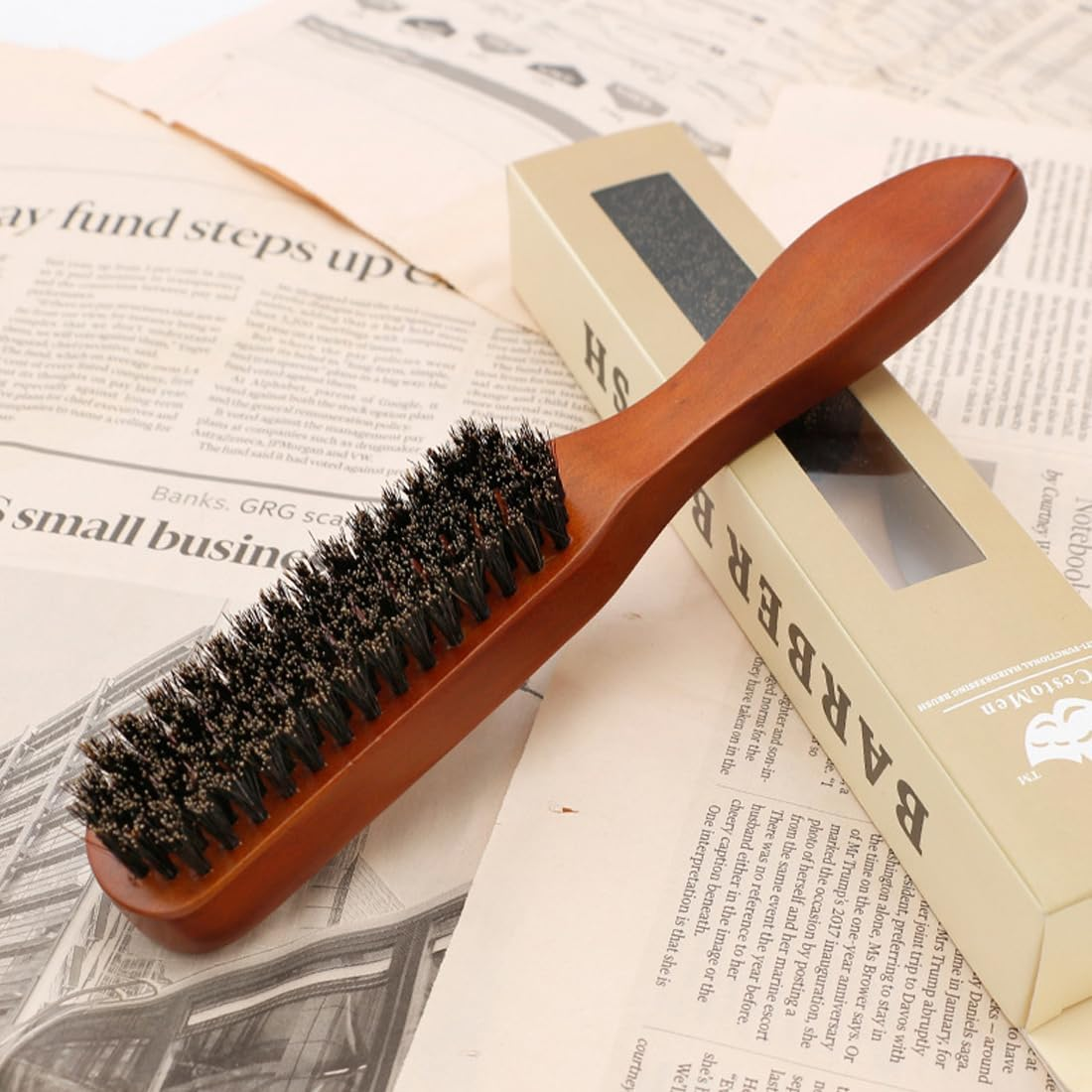 AEIOPRS 1 X Boar Bristle Brush Hair Brush with Wooden Handle Beard Comb Men Sleek Bun Brush Toupee Brush for Long Thick Curly Wavy Dry or Damaged Hair and Beard Styling image number 3