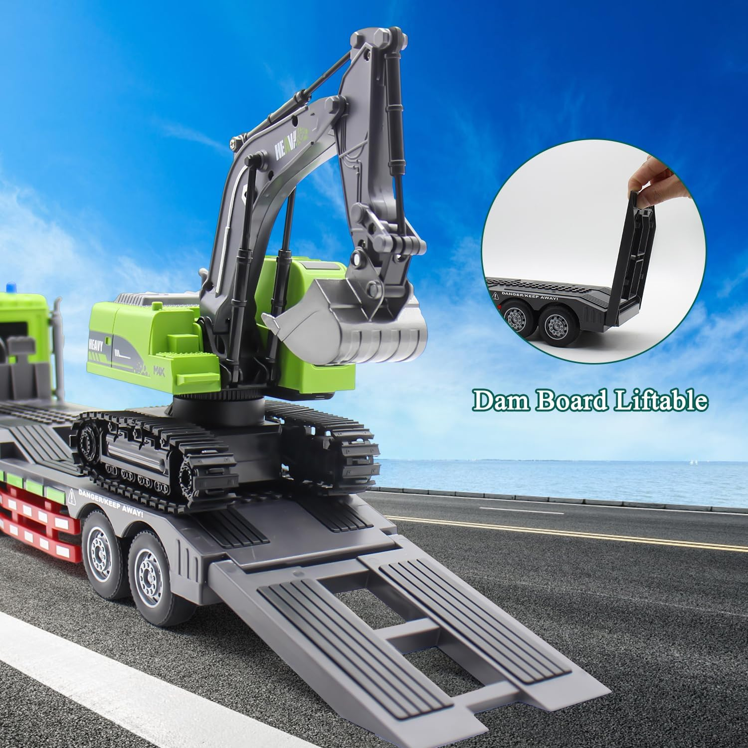 Fistone RC Semi Truck & Excavator Toy Set, 1:12 Remote Control Semi-Trailer with Sound and Lights, 2.4Ghz Flatbed with Excavator, Construction Vehicles for Boys 6-12 Years Old image number 6