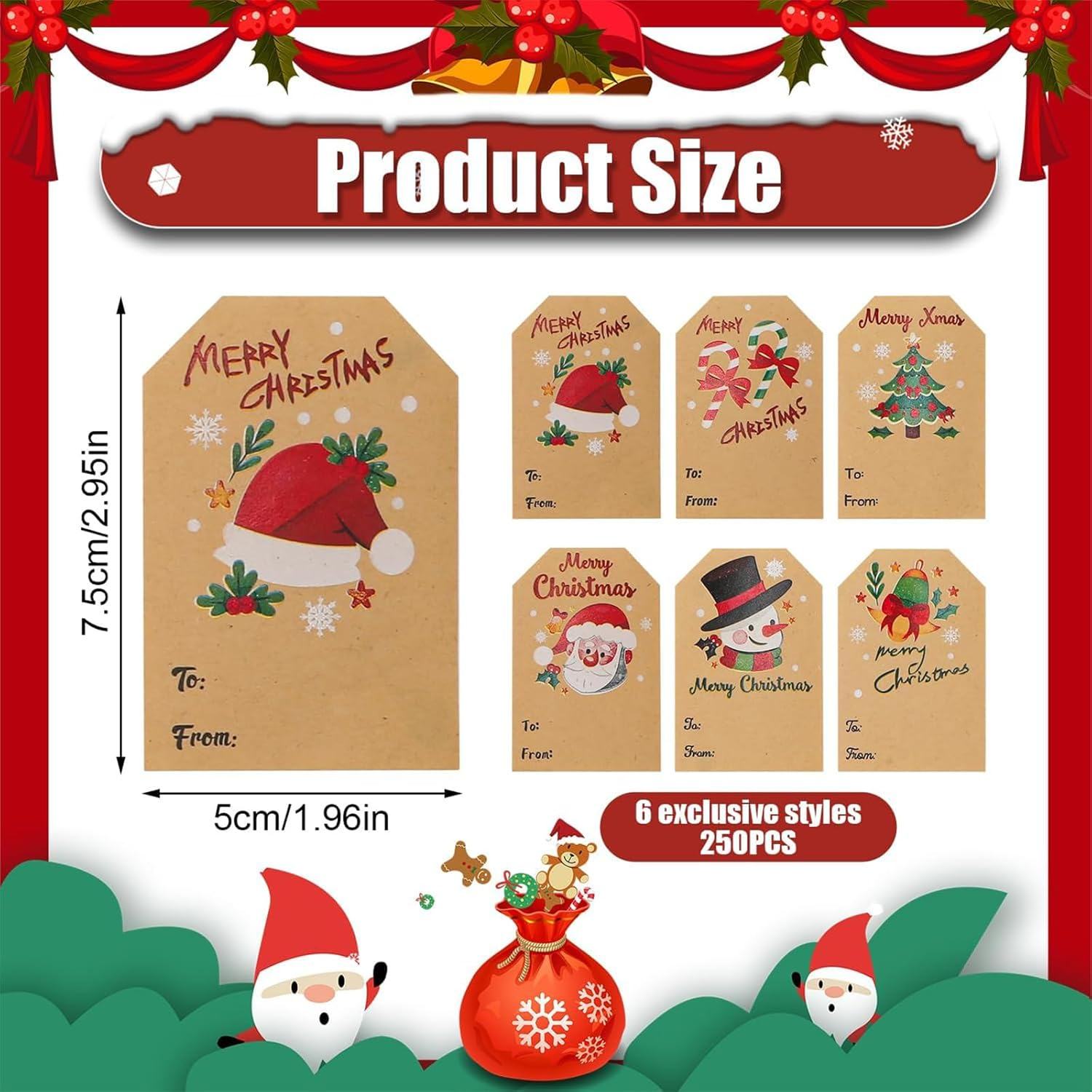 Christmas Tags Self-Adhesive, 250 Merry Name Tags Rolls, 50Mm X 75Mm Kraft Gift Tags for Presents, Labels for Gifts image number 2
