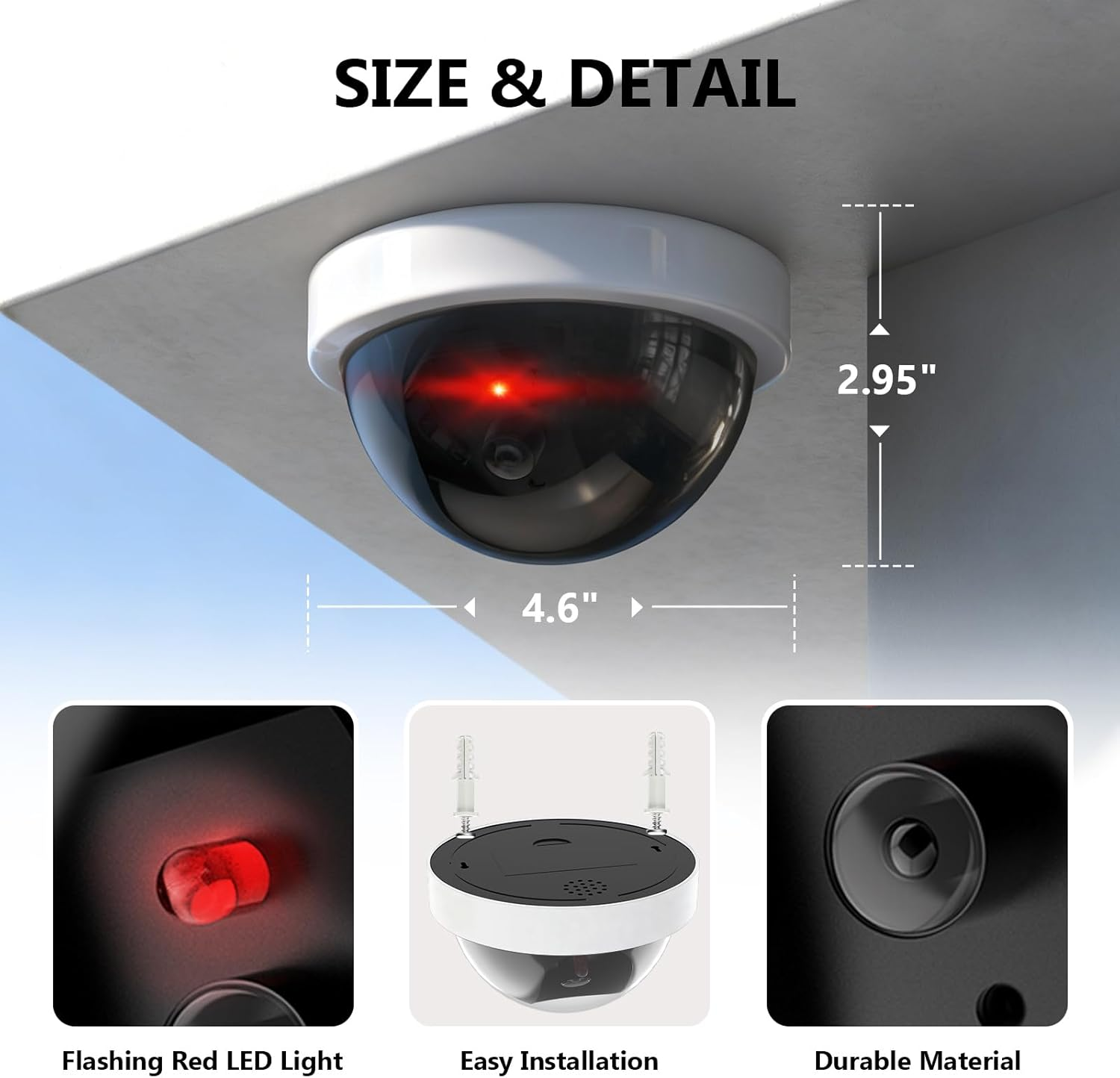 WALI Dummy Fake Security CCTV Dome Camera with Flashing Red LED Light with Security Alert Sticker Decals (SDW-2), 2 Packs, White - Black image number 3