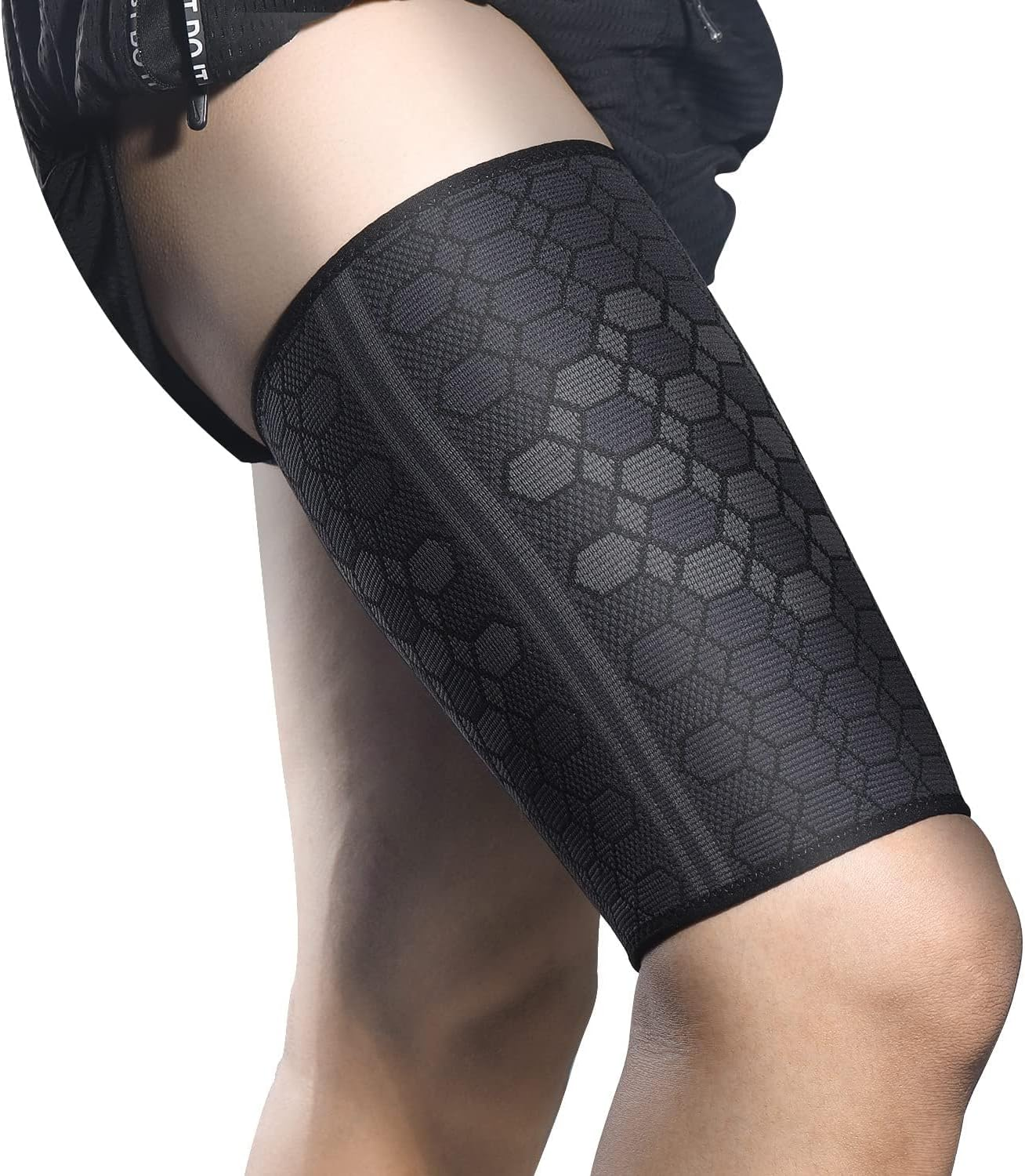 Thigh Compression Support Sleeve (2 per Pack), Breathable with Adjustable Non-Slip Strap for Hamstring and Quadricep Muscle Injury and Strain Recovery. Suitable for Men and Women, Black (L) image number 5
