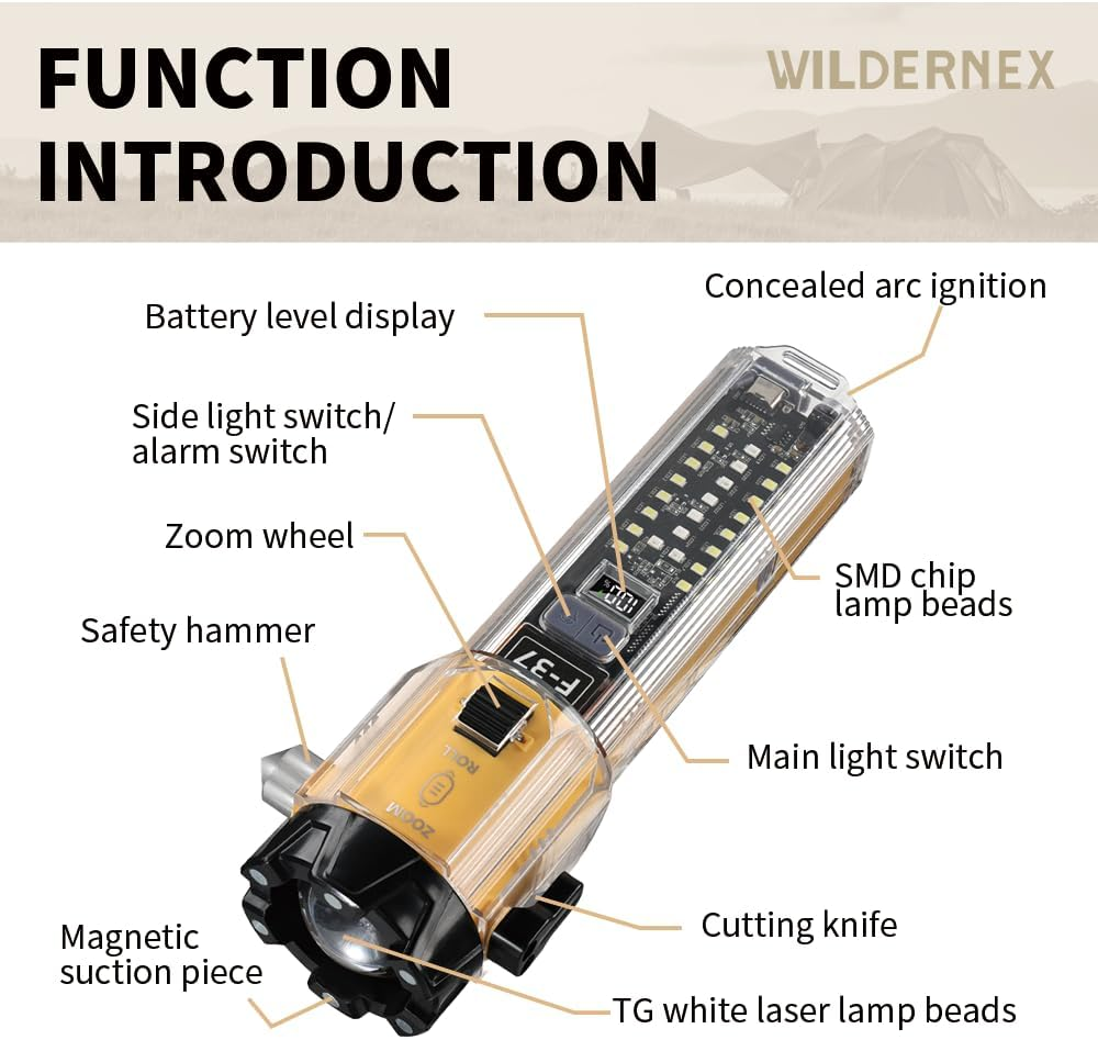 Car Safety Flashlight, Super Range Multi-Function LED Tactical Flashlight, Seat Belt Cutter, Siren, Ignition and Porwer Bank, Powerful Handheld Flashlight for Camping Emergency【Wildernex】