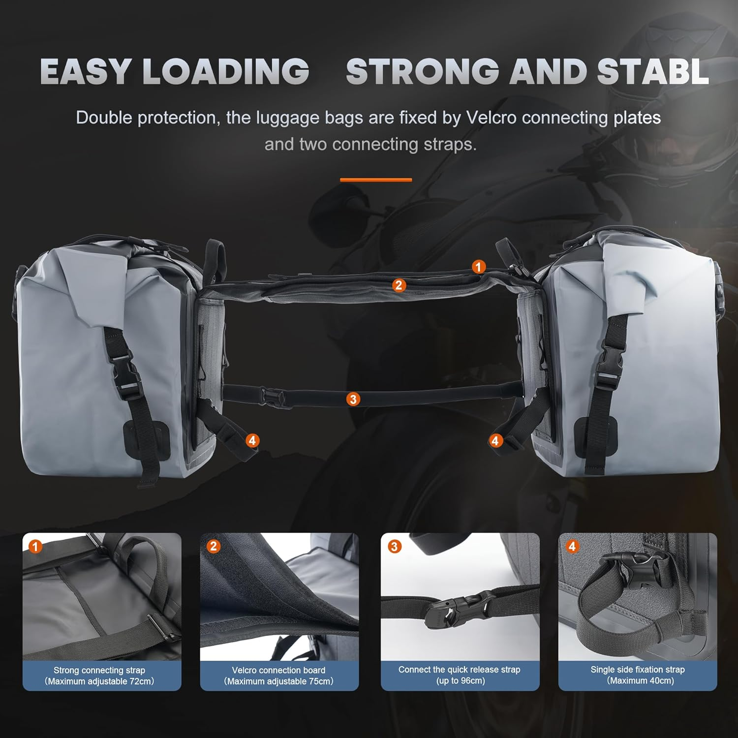 Motorcycle Side Bag 50L (25L*2) Trunk Seat Bag Saddle Bag Motorcycle Accessories (Grey) image number 6