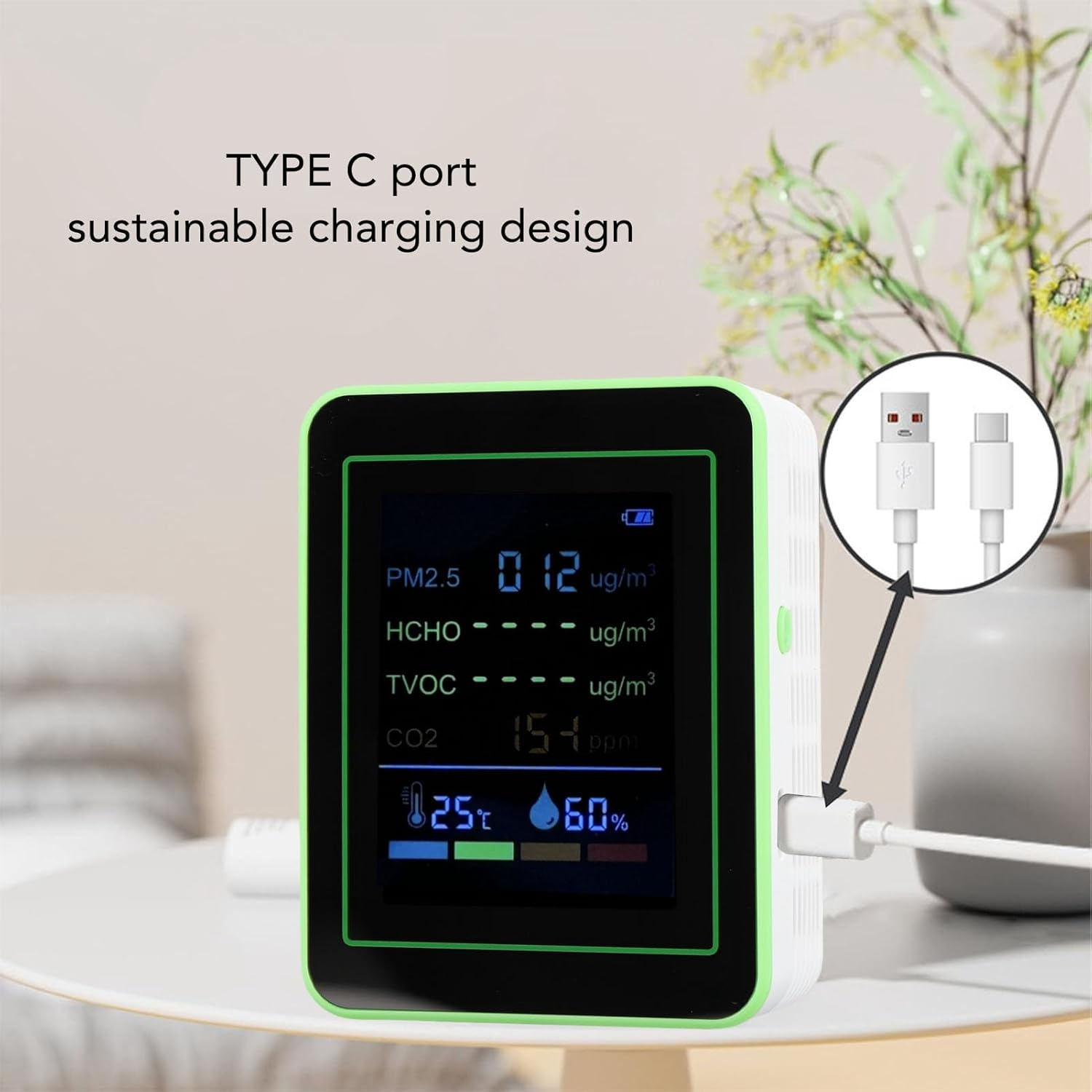 Jectse Smart Air Quality Meter Compact 6 in 1 CO2 PM2.5 HCHO TVOC Temp Humid Tester for Real-Time Detection (White and Green) - White And Green image number 5