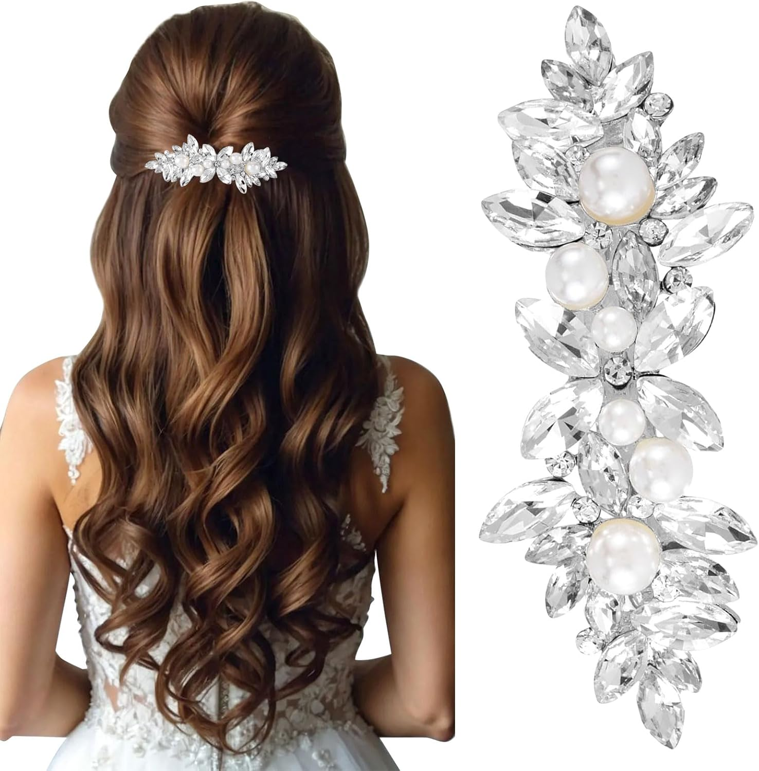 Lunarcharm Crystal Hairclips with Pearl, Silver Bridal Hair Accessories for Women, Sparkling Crystal Hair Pins, Unique Floral Hairclips for Wedding, Bride, Long Hair