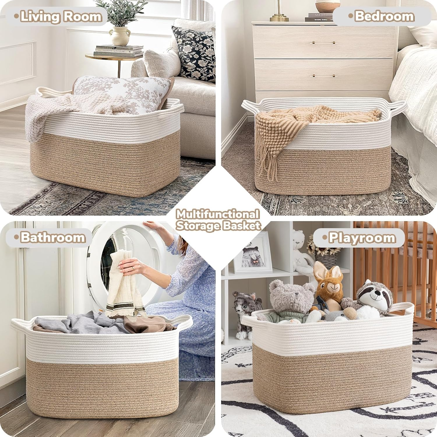 Large Basket, Storage Baskets for Organizing, XICEN Blanket Storage for Living Room, Bedroom, Rectangle Rope Baskets for Storage, Woven Baby Basket for Clothes, Towels, 55Cm X 38Cm X 30Cm image number 6