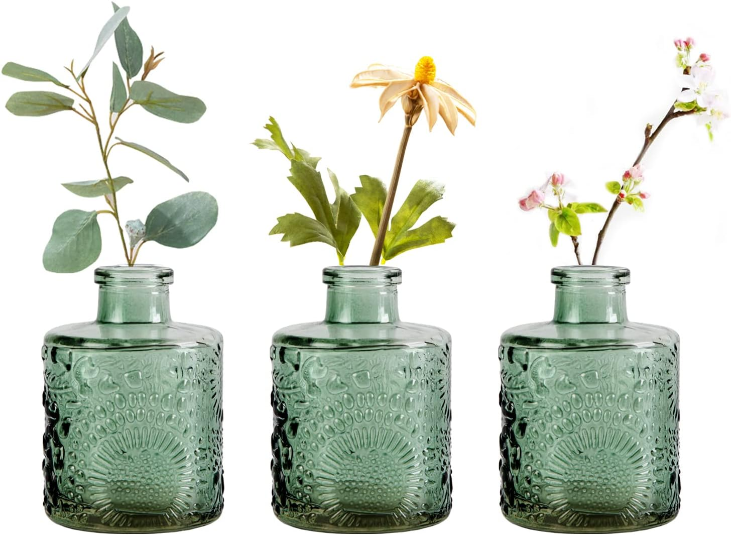 Glass Bud Vase Set of 6, Small Flower Vases for Decorative, Gradient Glass and Embossed Style Mini Glass Bottles for Home Decor, Vintage Glass Bottles 3.3"-5.2''H. (Mini Set of 3) image number 5