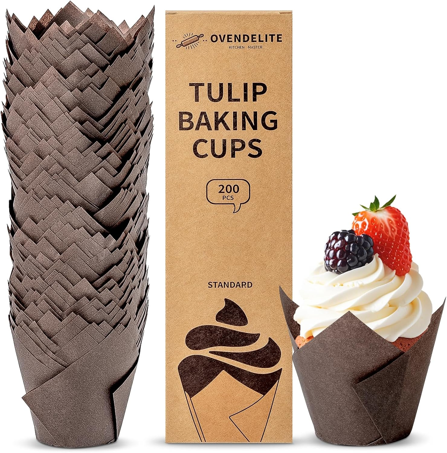 Ovendelite Tulip Cupcake Liners Natural 200PCS - Unbleached Parchment Muffin Liners, Non-Fade Oven-Safe, Brunch & Cafe Style Baking Cups