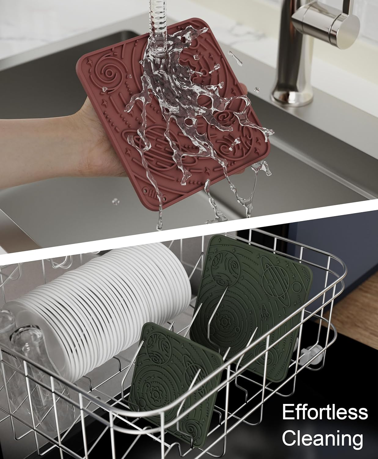 OHMO Lick Mat for Dogs and Cats(Small, Camo&Light Green, 2Pcs) Enrichment Accessories Toy Space Star Easy Clean Pet Slow Feeder/Suction Cups, Licking Pad for Anxiety Relief and Boredom Reduction image number 6