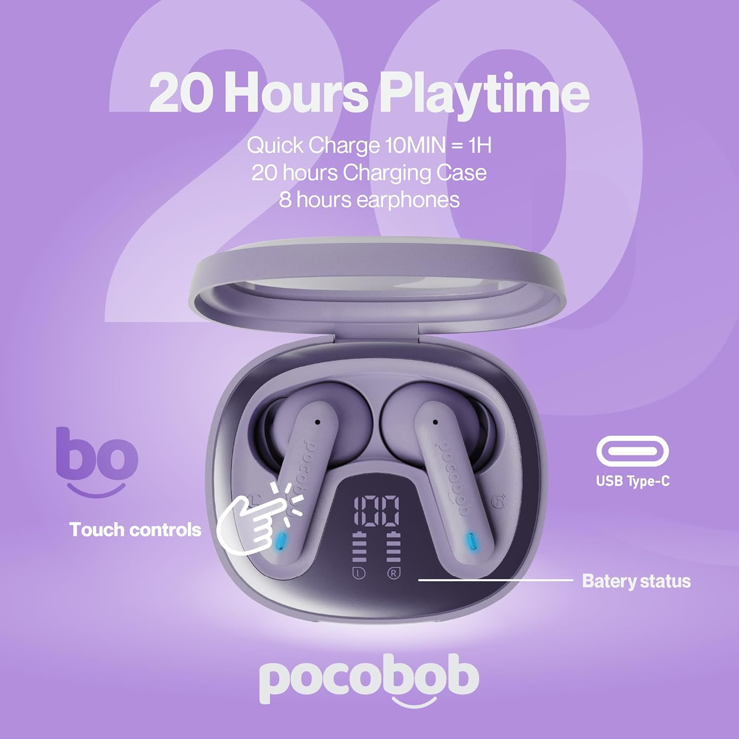 Pocobob 8 Bluetooth 5.3 In-Ear Headphones with Microphone, ENC, App Control, 32 Hour Battery, Touch, USB-C, IPX4 Water Protection - True Wireless Earbuds - Light Purple image number 2