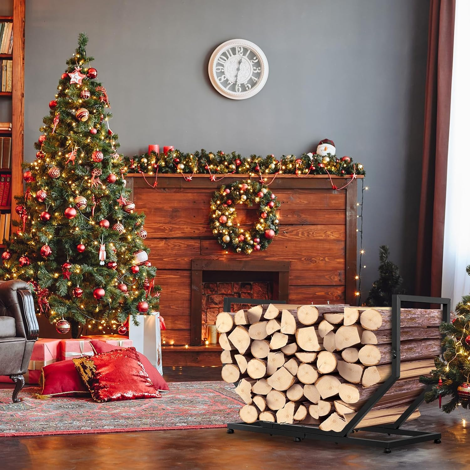 Firewood Rack Outdoor Indoor,31 Inch Firewood Holder,2.58Ft Heavy Duty Metal Firepace Log Holder,Wood Storage Rack with Adjustable Feet,Black image number 1