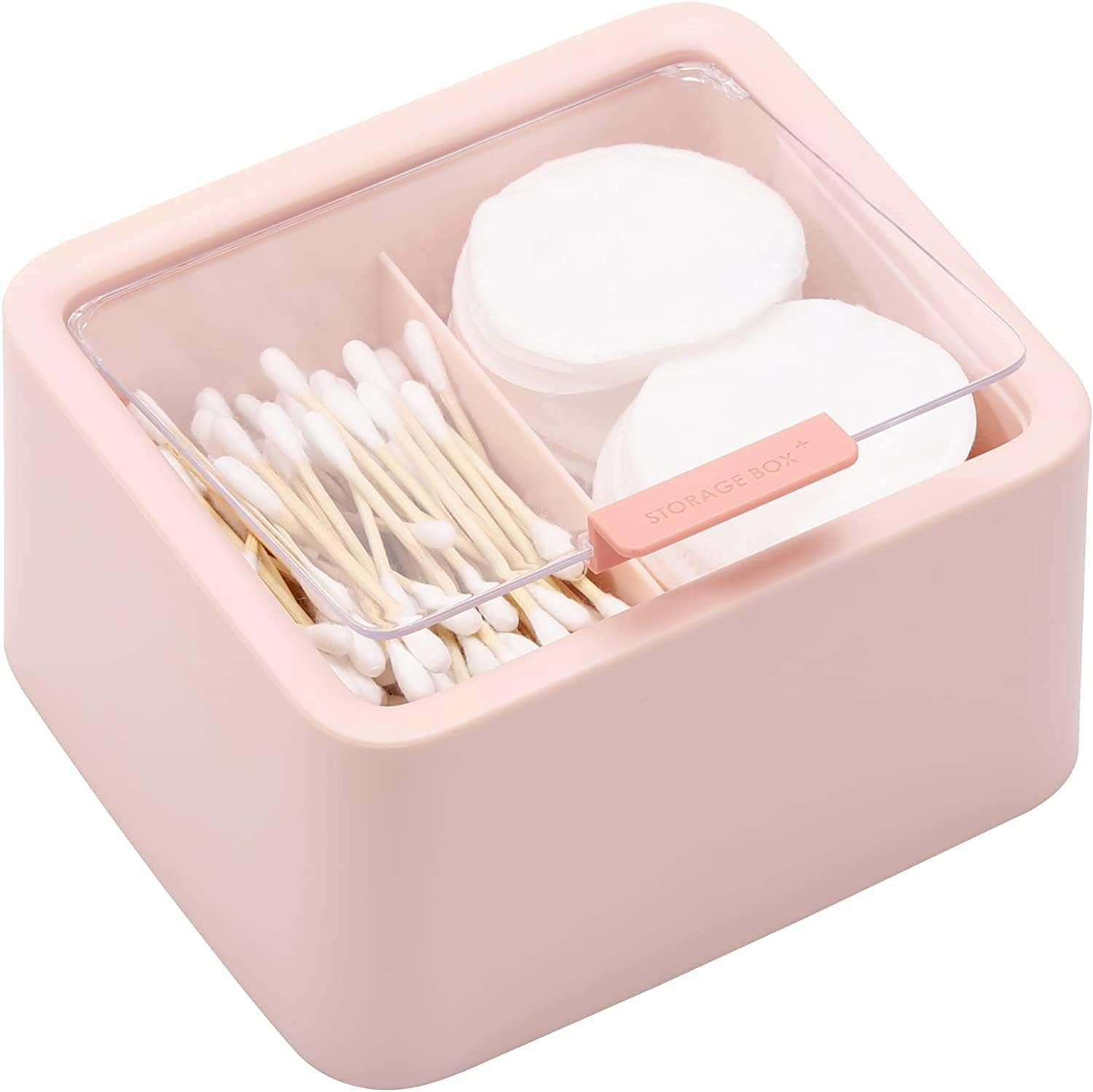 2 Compartments Rectangle Plastic Bathroom Vanity Countertop Storage Organizer Canister Apothecary Jar Qtip Holder with Lid for Cotton Swabs, Balls, Makeup Sponges, Pink image number 1