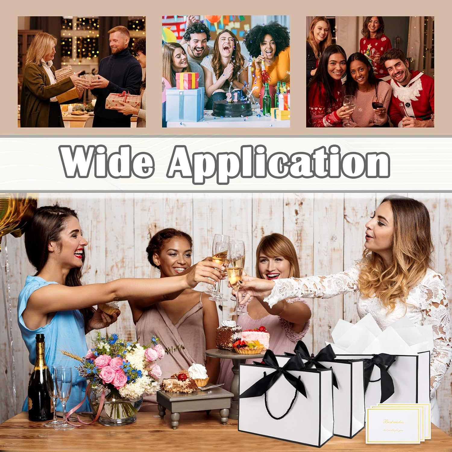 Jotia 3 Sets 28X20X10Cm Gift Bags with Bow Ribbon, Including 3Pcs Gift Bags with 6Pcs Tissue Paper 3 Greeting Cards, Paper Bag with Handle for Birthday Graduation Anniversary Christmas (White) - Pink image number 3